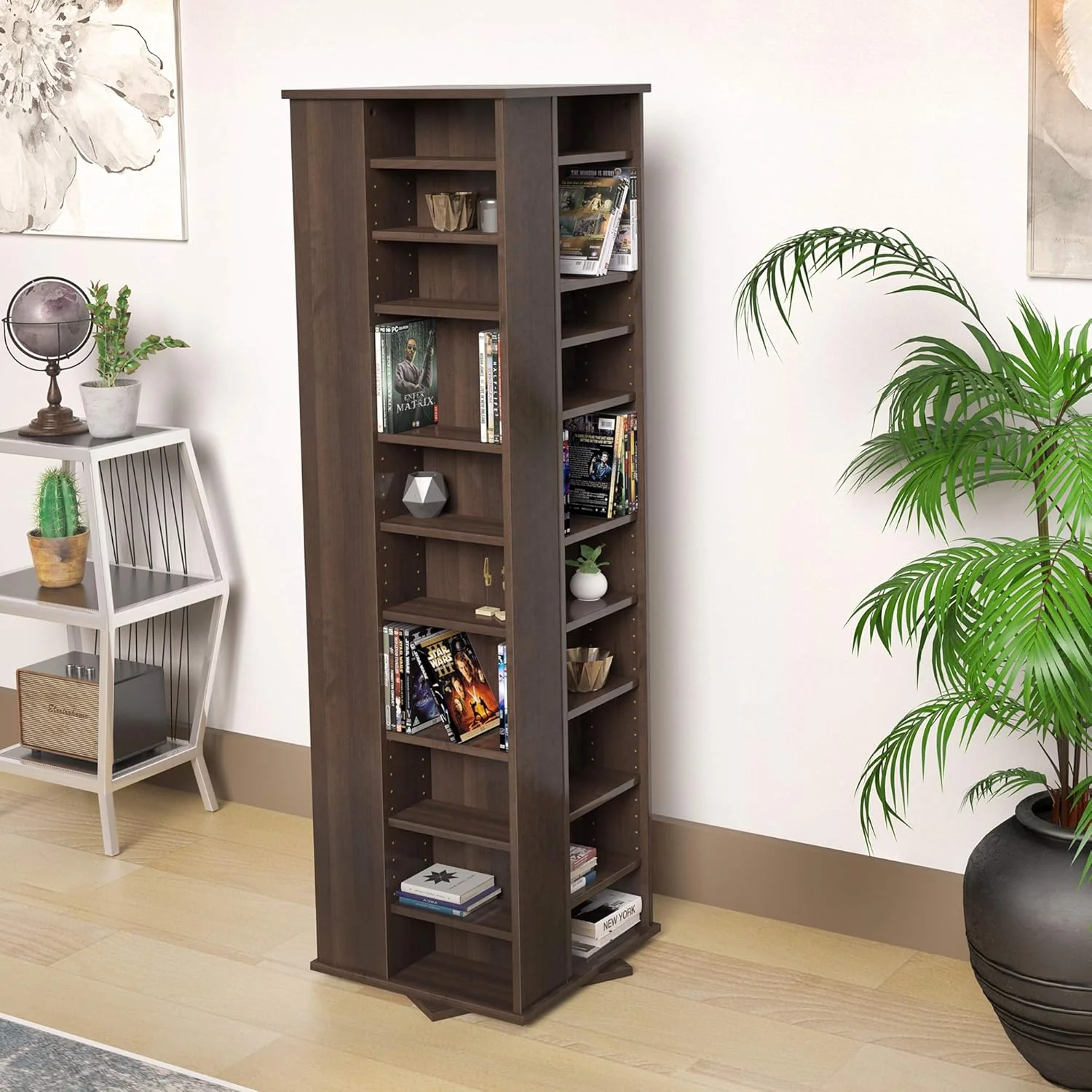 Prepac 4 Revolving Display Cabinet Media Storage, Large Four-Sided Spinning Tower, Espresso - Image 2