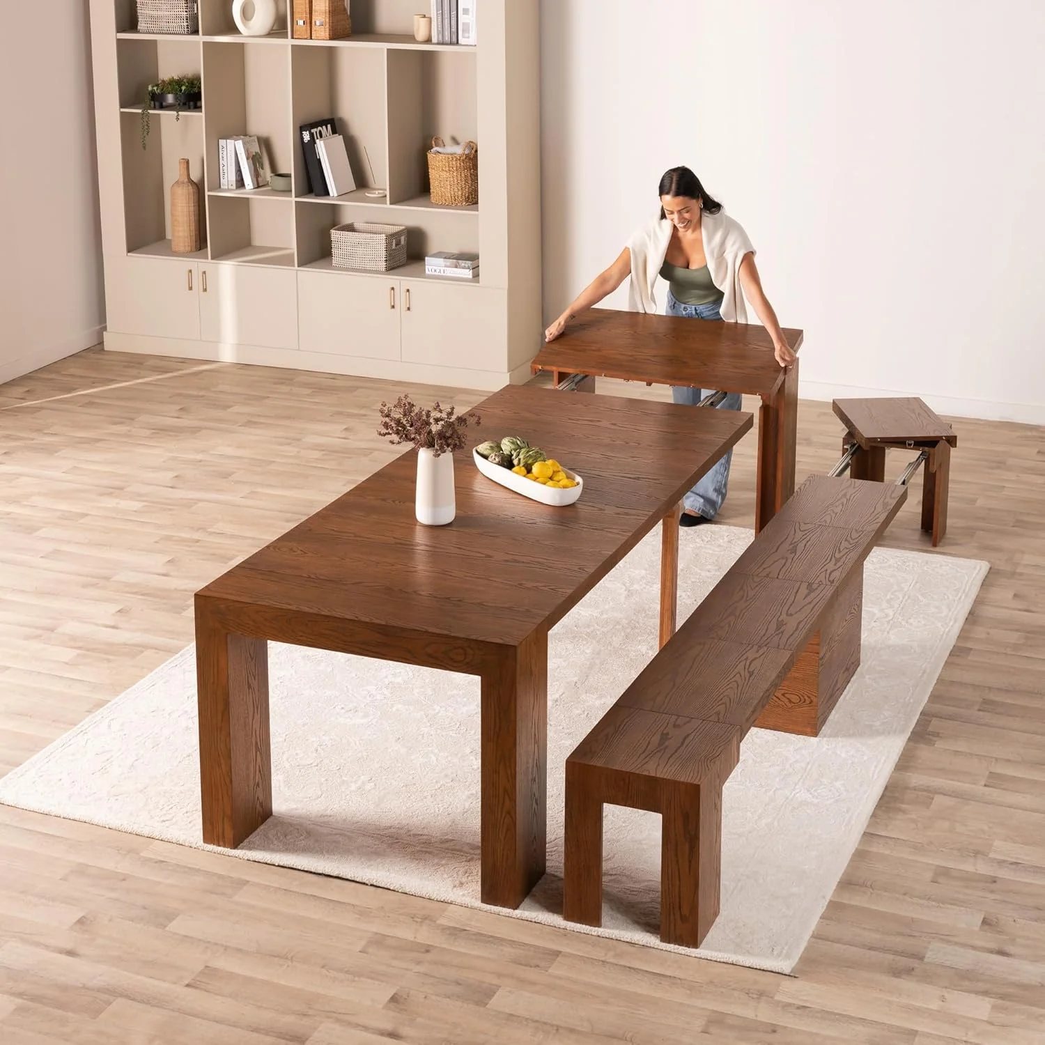 NEW - Transformer Table Expandable Dining Set for 2 to 12, Solid Wood Extendable Kitchen Table, Space-Saving Furniture, Small to Large Adjustable Dining Set with Bench- Retail $1899 - Image 2