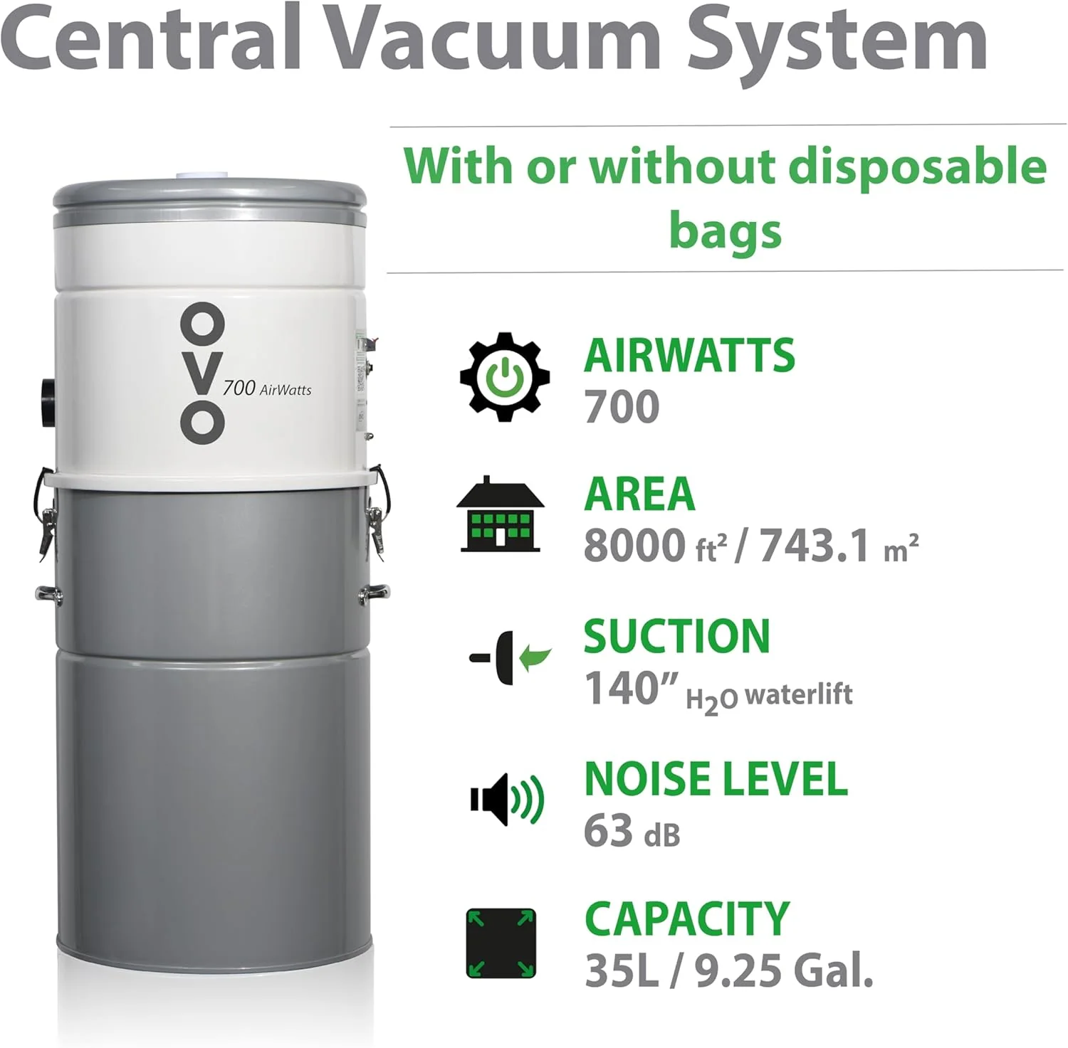OVO Unit Heavy Duty Powerful Central Vacuum System, Hybrid Filtration (with or Without Disposable Bags) 35L or 9.25Gal, 700 Air watts with 40 ft Carpet Deluxe Accessory Kit, Silver - Image 3
