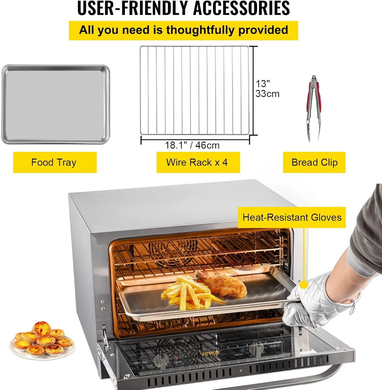 NEW - VEVOR Commercial Convection Oven, 47L, 1600W, 4-Tier Design, Glass Door, Countertop Size, Includes Racks & Trays - Image 7