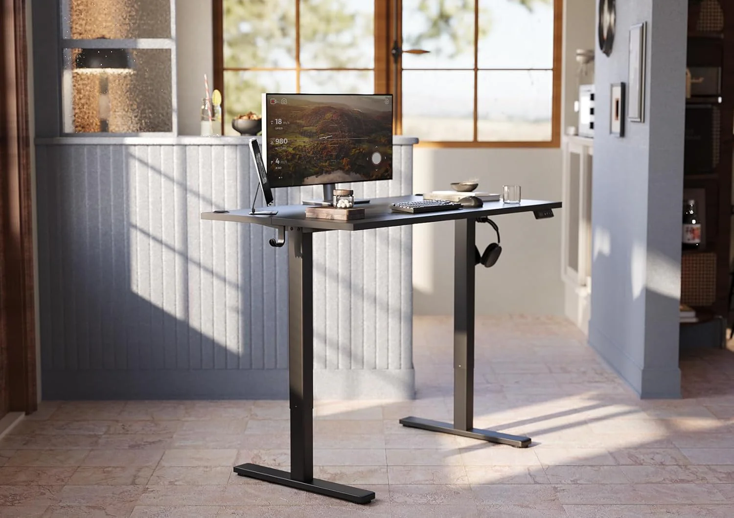 Seang Electric Standing Desk With Adjustable Height, 48x24 Inch, Sit Stand With Splice Board for Home Office Computer Workstation, Black Frame/Black Top - Image 2