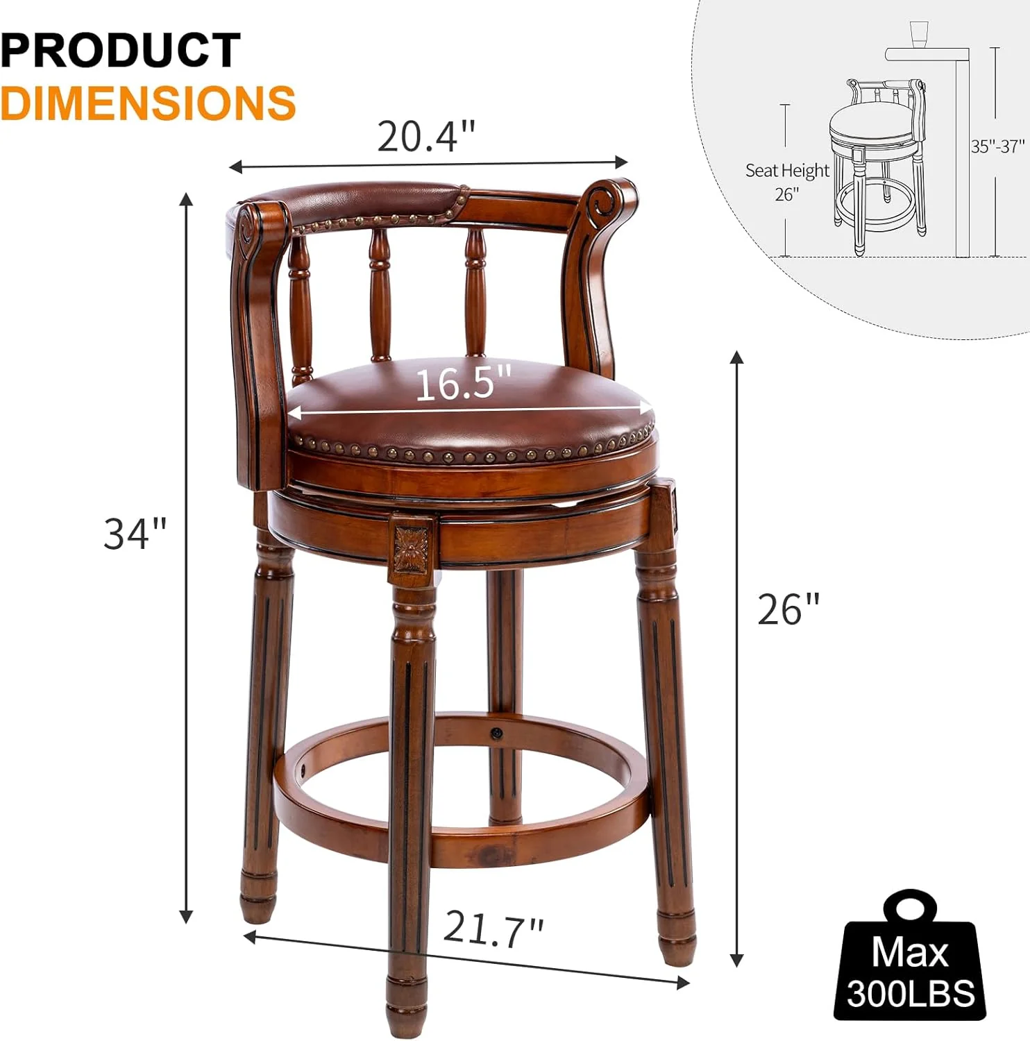 NEW - Bar Stools Modern Swivel Barstools,Kitchen Counter Genuine Leather Upholstered Island Barstool with Footrest for Home Kitchen Dining Room (Brown, Seat Height 26 in) - Retail $240 - Image 2
