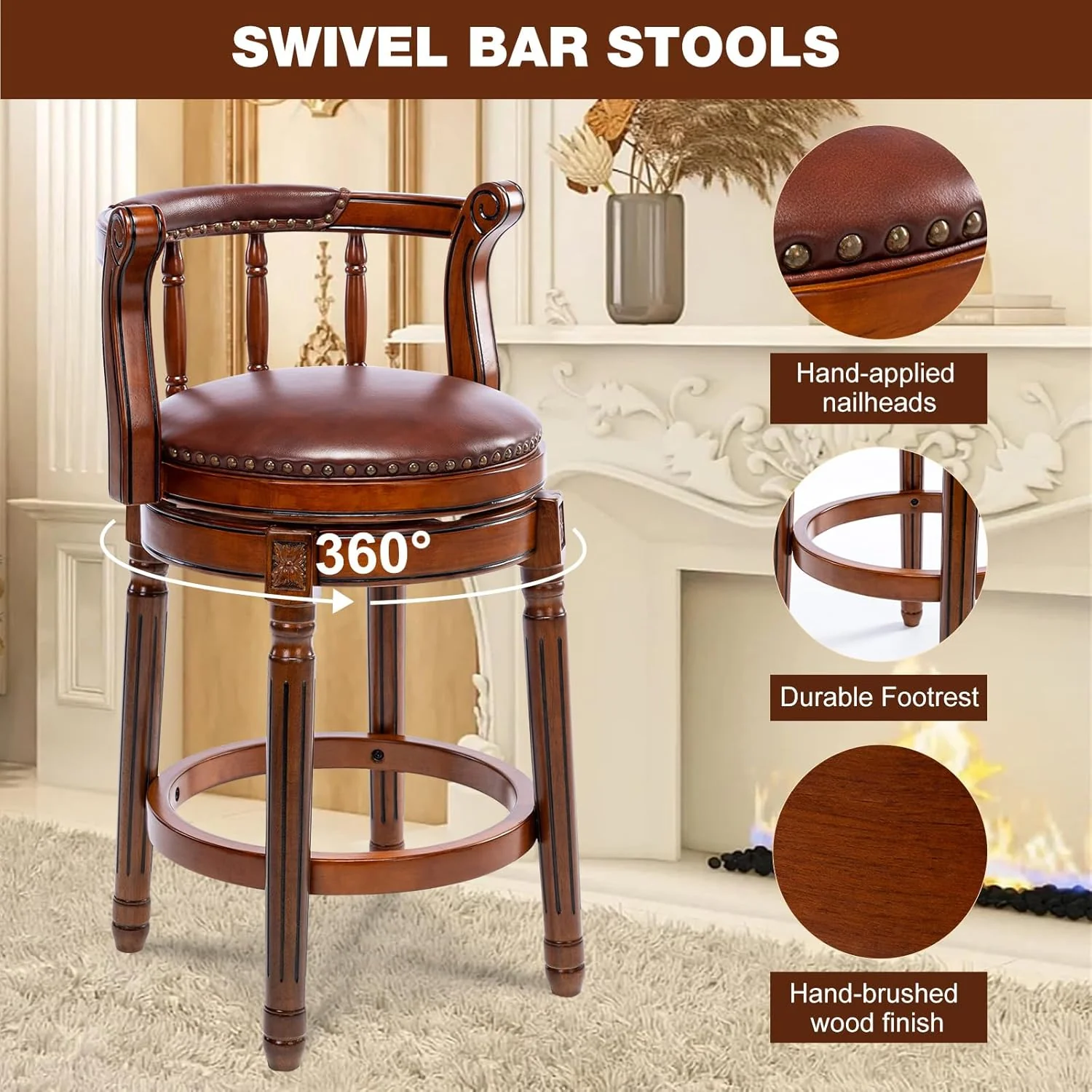 NEW - Bar Stools Modern Swivel Barstools,Kitchen Counter Genuine Leather Upholstered Island Barstool with Footrest for Home Kitchen Dining Room (Brown, Seat Height 26 in) - Retail $240 - Image 4
