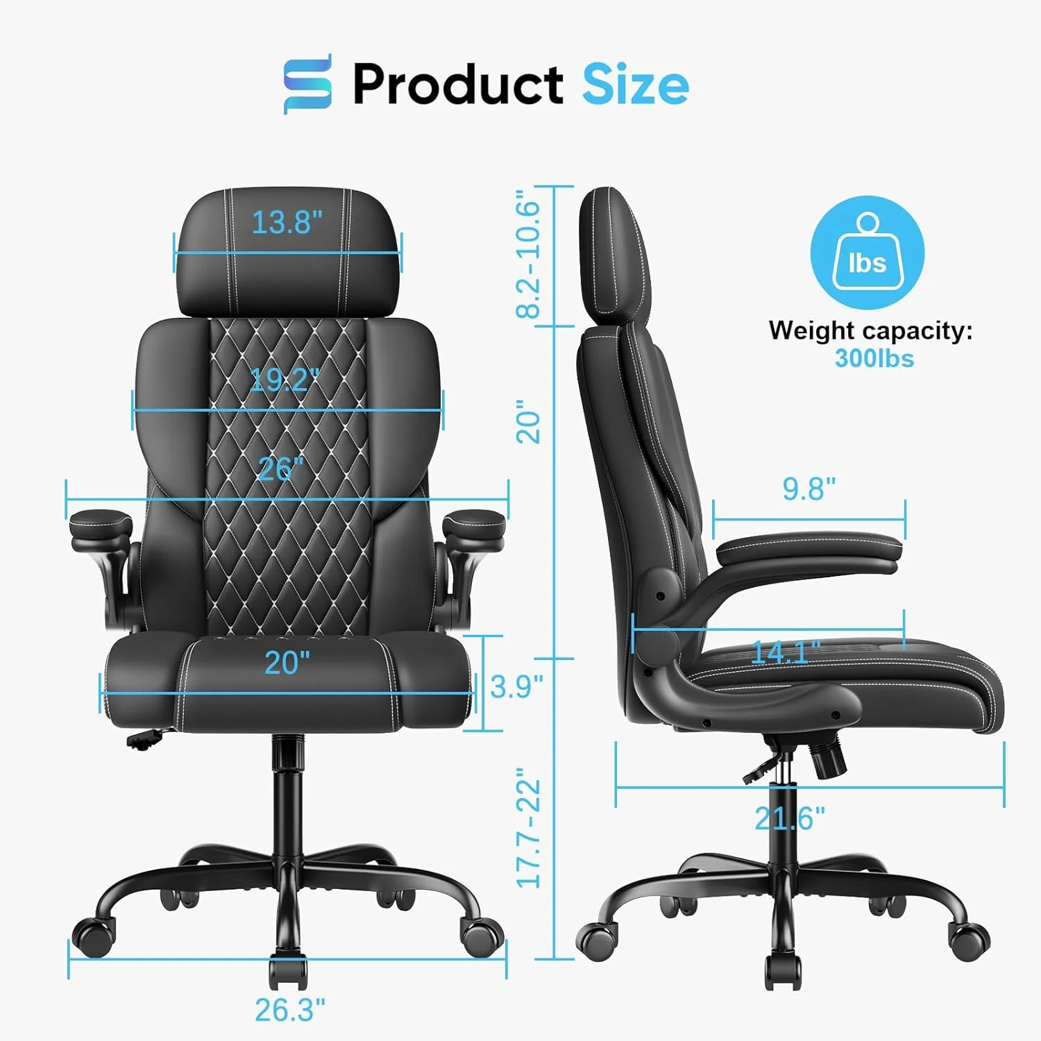 NEW - Sytas Executive Leather Office Chair, Comfy Desk Chair with Adjustable Headrest & Flip-up Padded Arms & Lumbar Support, Adjustable Hight and Tilt, Rolling Swivel Chair, Black - Retail $200 - Image 2