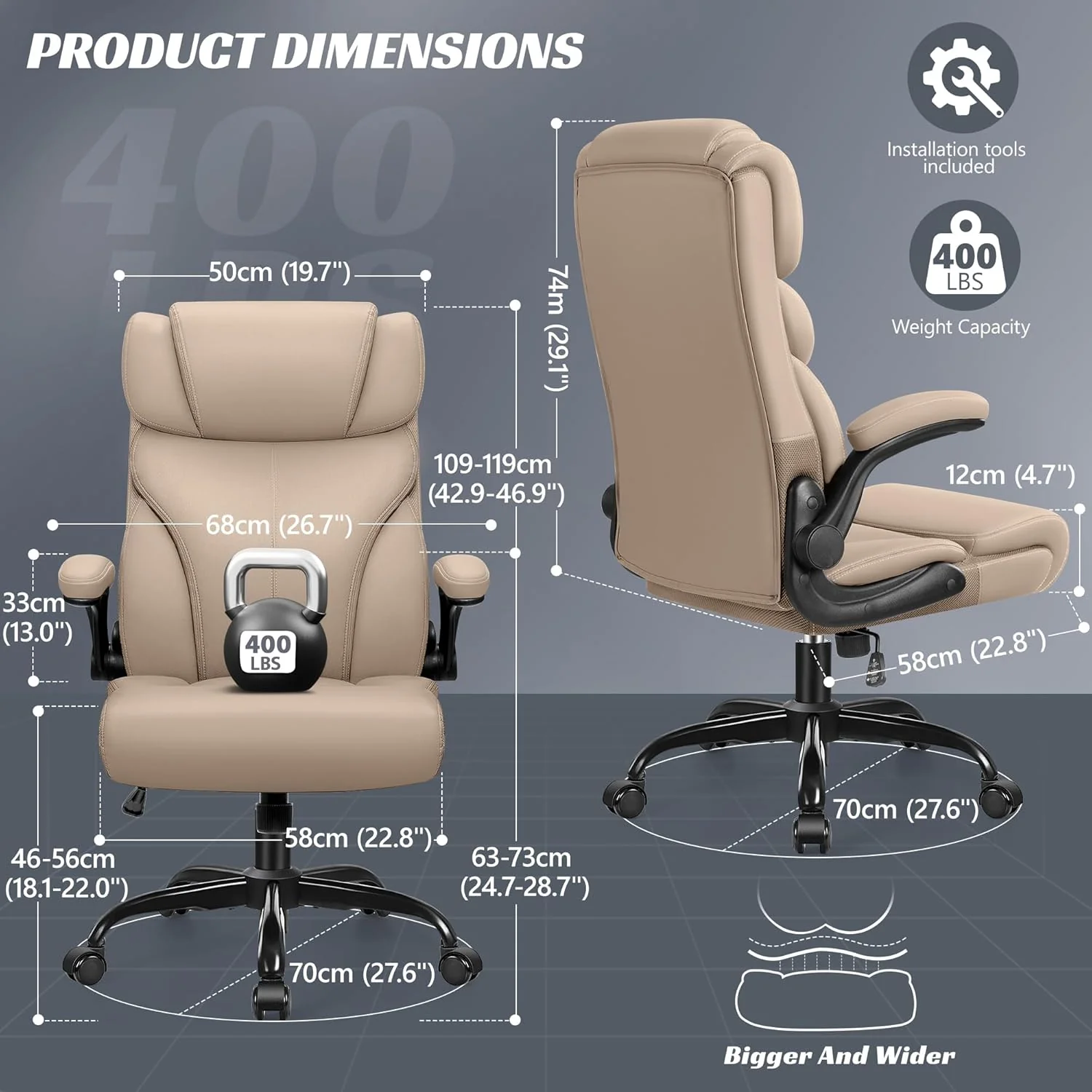 Office Chair, Ergonomic Big and Tall Computer Desk Chairs, Executive Breathable Leather Chair with Adjustable High Back Flip-up Armrests, Lumbar Support Swivel PC Chairs with Rocking Function - Retail $170 - Image 2