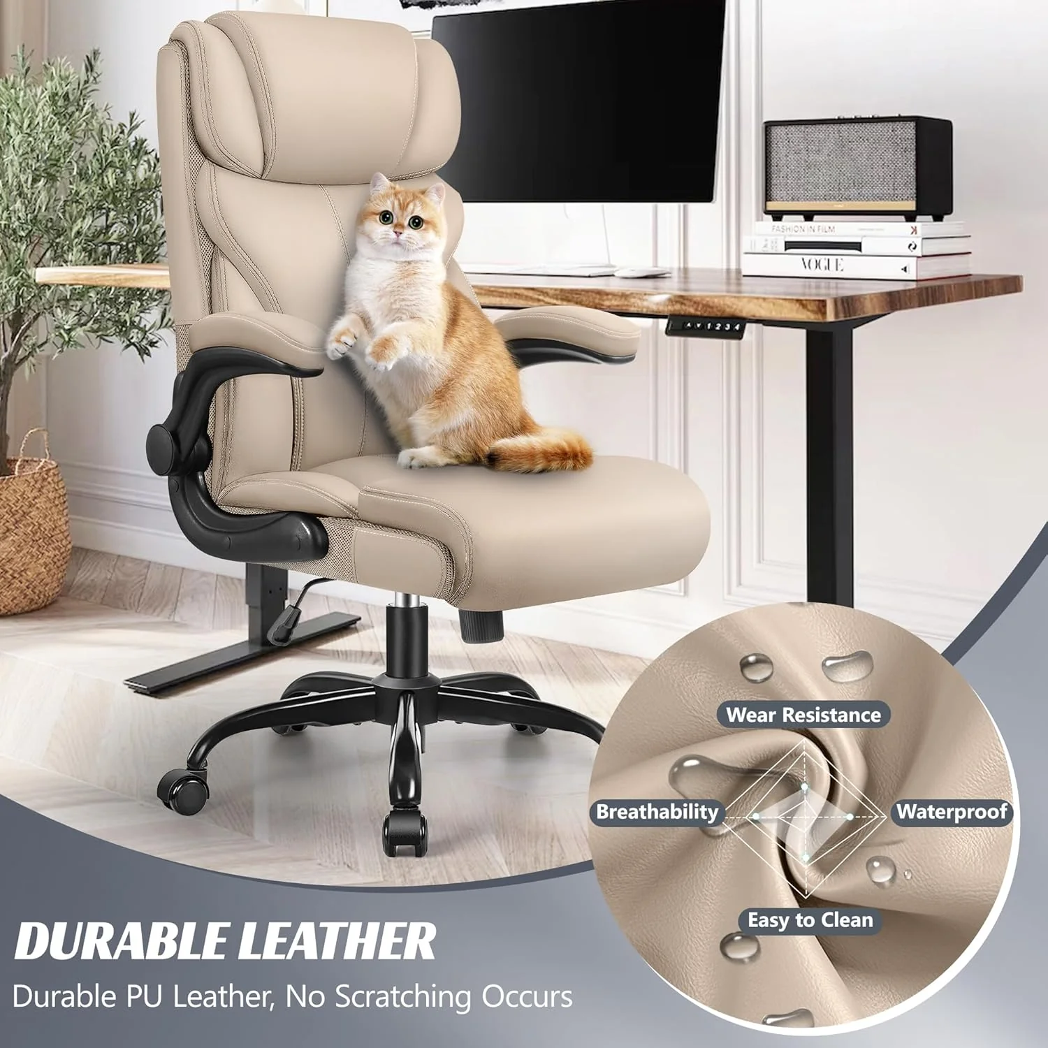 Office Chair, Ergonomic Big and Tall Computer Desk Chairs, Executive Breathable Leather Chair with Adjustable High Back Flip-up Armrests, Lumbar Support Swivel PC Chairs with Rocking Function - Retail $170 - Image 3