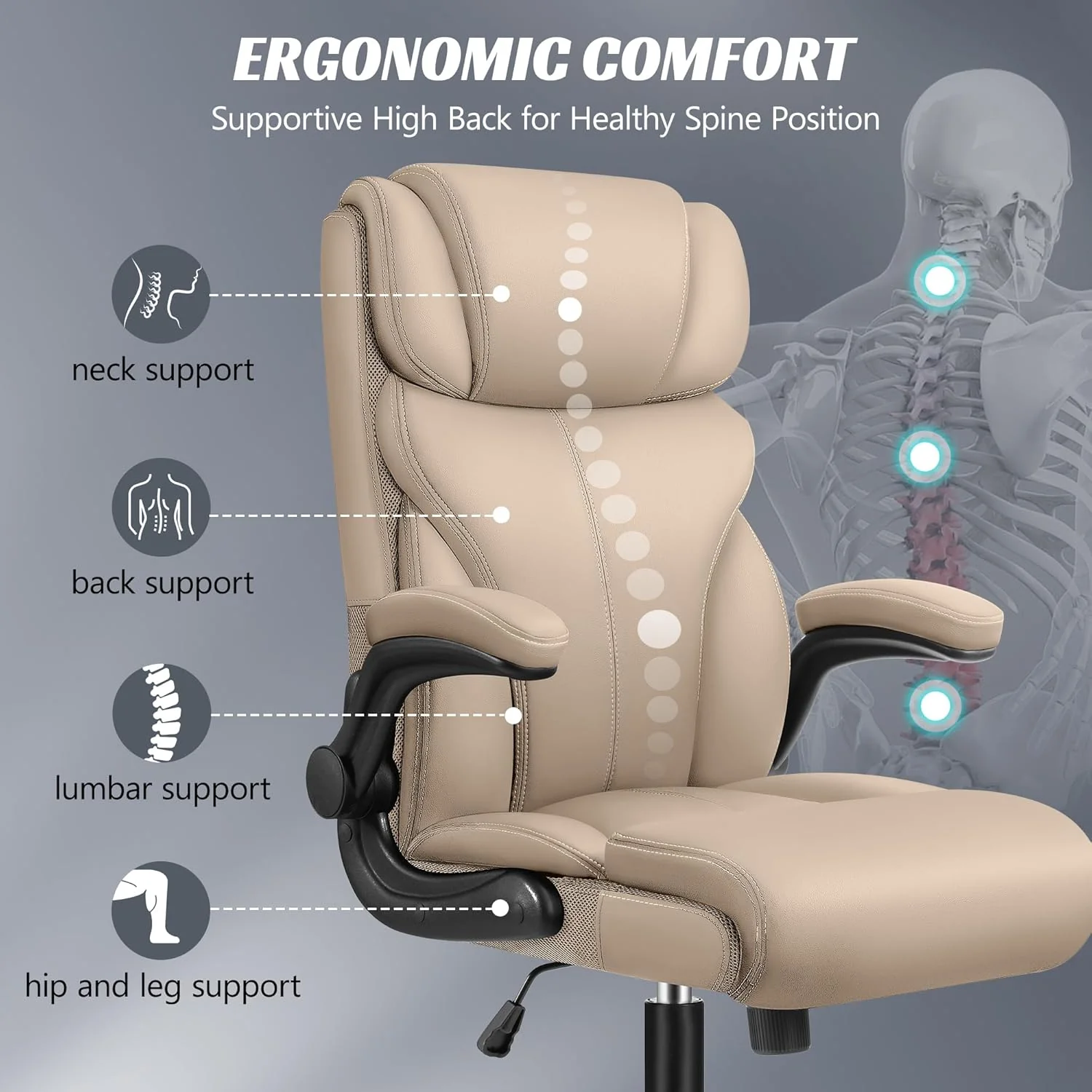 Office Chair, Ergonomic Big and Tall Computer Desk Chairs, Executive Breathable Leather Chair with Adjustable High Back Flip-up Armrests, Lumbar Support Swivel PC Chairs with Rocking Function - Retail $170 - Image 5