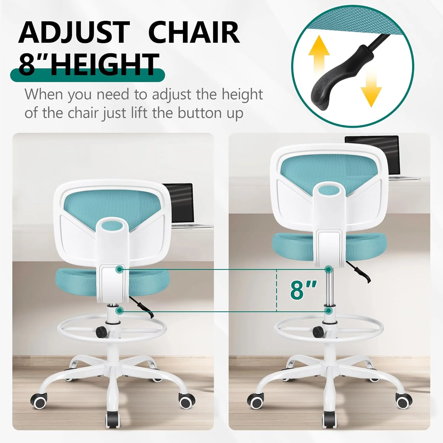 Primy Office Drafting Chair Armless, Tall Office Desk Chair Adjustable Height and Footring, Low-Back Ergonomic Standing Desk Chair Mesh Rolling Tall Chair for Art Room, Office or Home(Teal) - Image 2