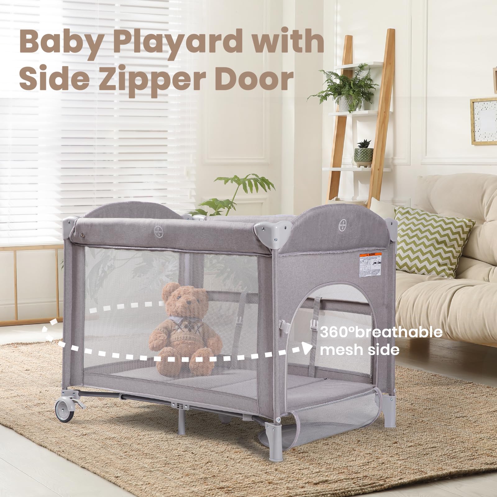Baby Bassinets Bedside Sleeper, 4 in 1 Portable Bedside Crib w/Mattress, Diaper Changer, Storage Basket, Music Box, Carry Bag, Foldable Playard Sleeper for Newborn (Light Gray) - Image 4