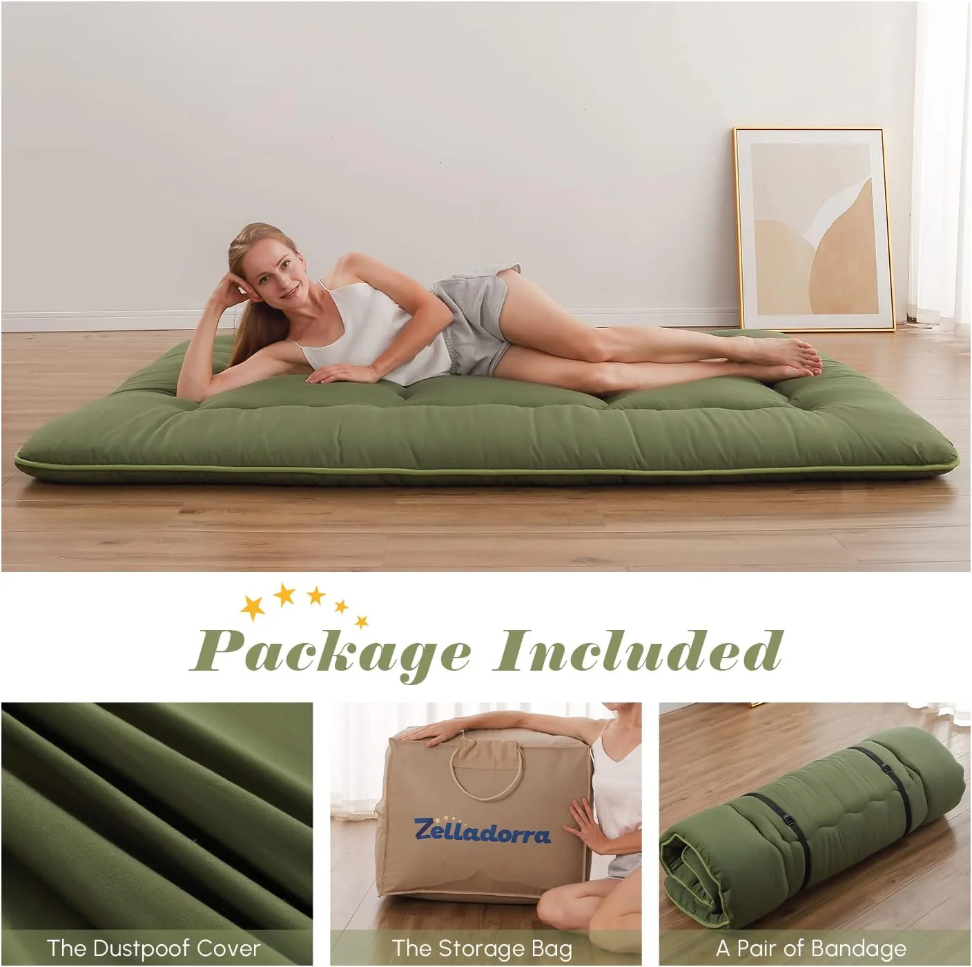 NEW - Japanese FULL Floor Mattress, Futon Mattress with Portable Storage Bag and Washable Cover, Roll Up Thick Tatami Mat Suitable for Camping, Guest Room, Green - Image 2