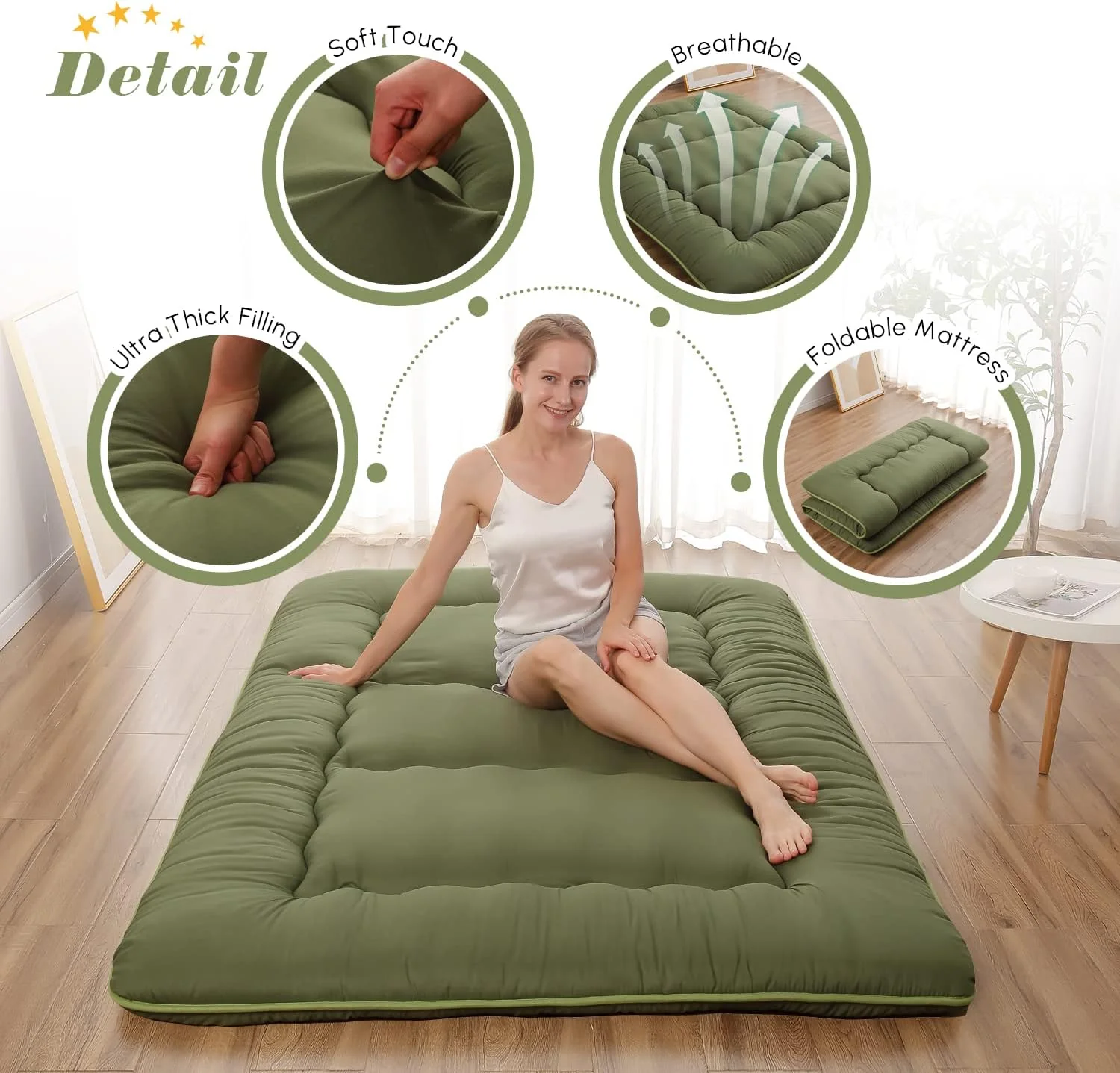 NEW - Japanese FULL Floor Mattress, Futon Mattress with Portable Storage Bag and Washable Cover, Roll Up Thick Tatami Mat Suitable for Camping, Guest Room, Green - Image 4