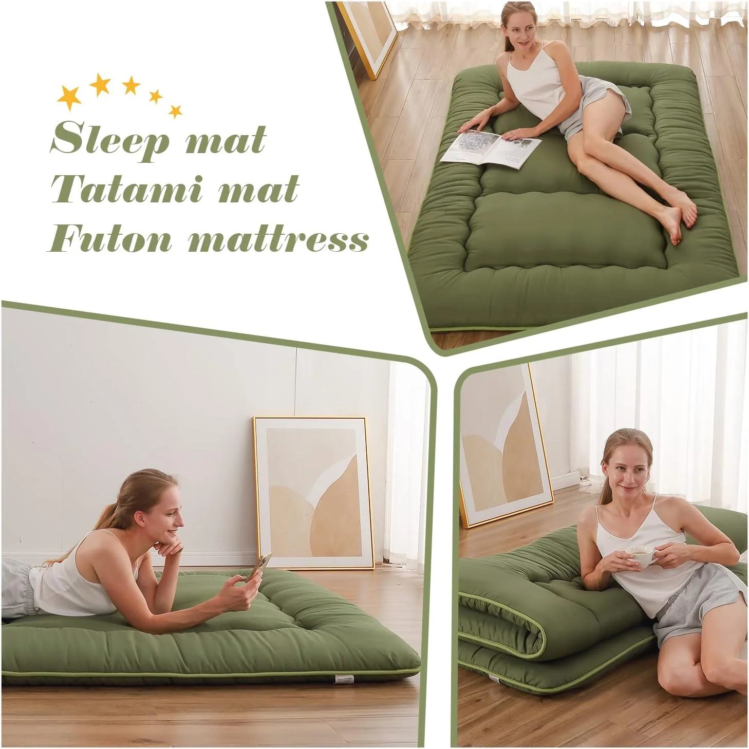 NEW - Japanese FULL Floor Mattress, Futon Mattress with Portable Storage Bag and Washable Cover, Roll Up Thick Tatami Mat Suitable for Camping, Guest Room, Green - Image 5