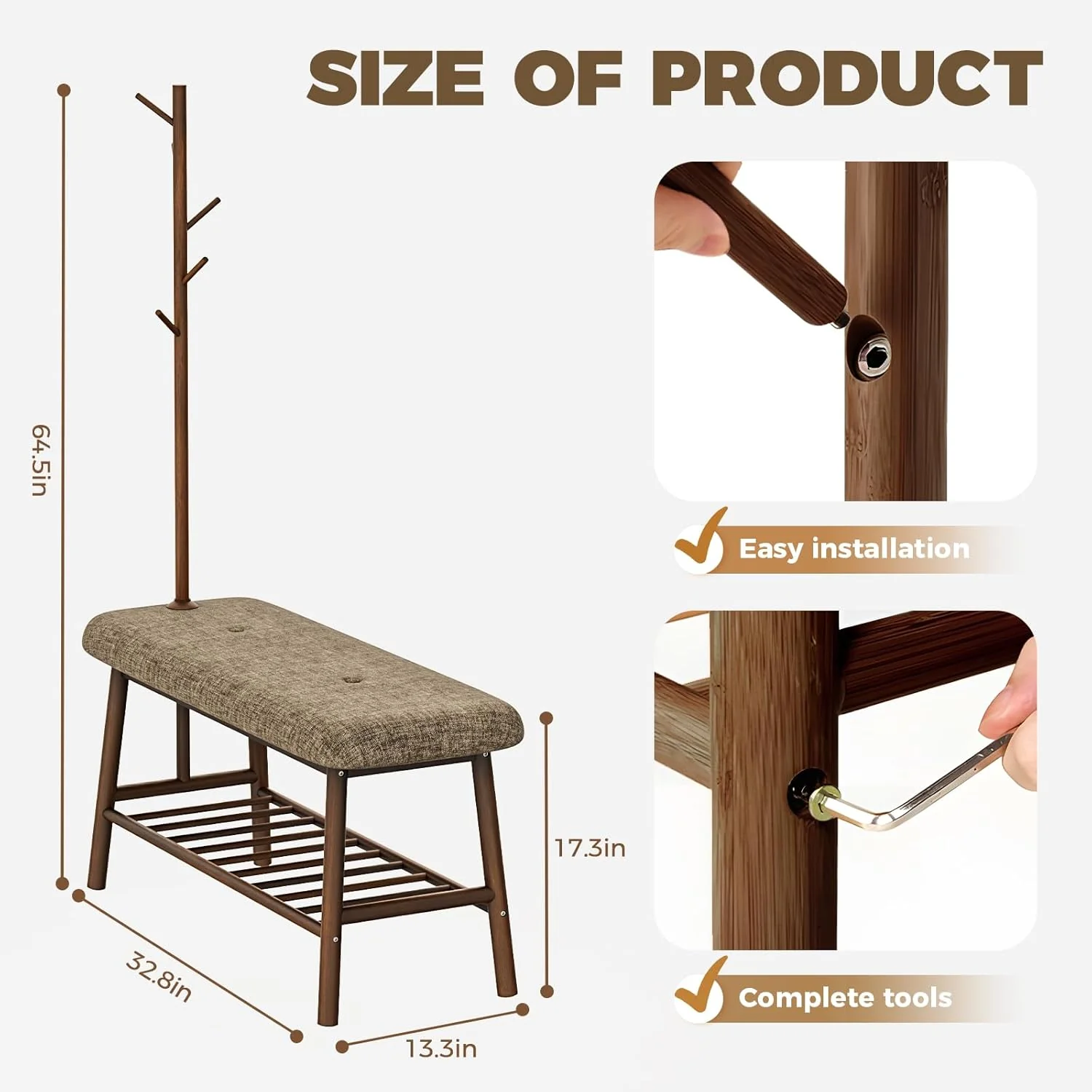 NEW w/ minor dmg - Bamworld Entryway Bench with Coat Rack Shoe Bench for Entryway Bench with Storage Bamboo 3-in-1 Design - Image 2