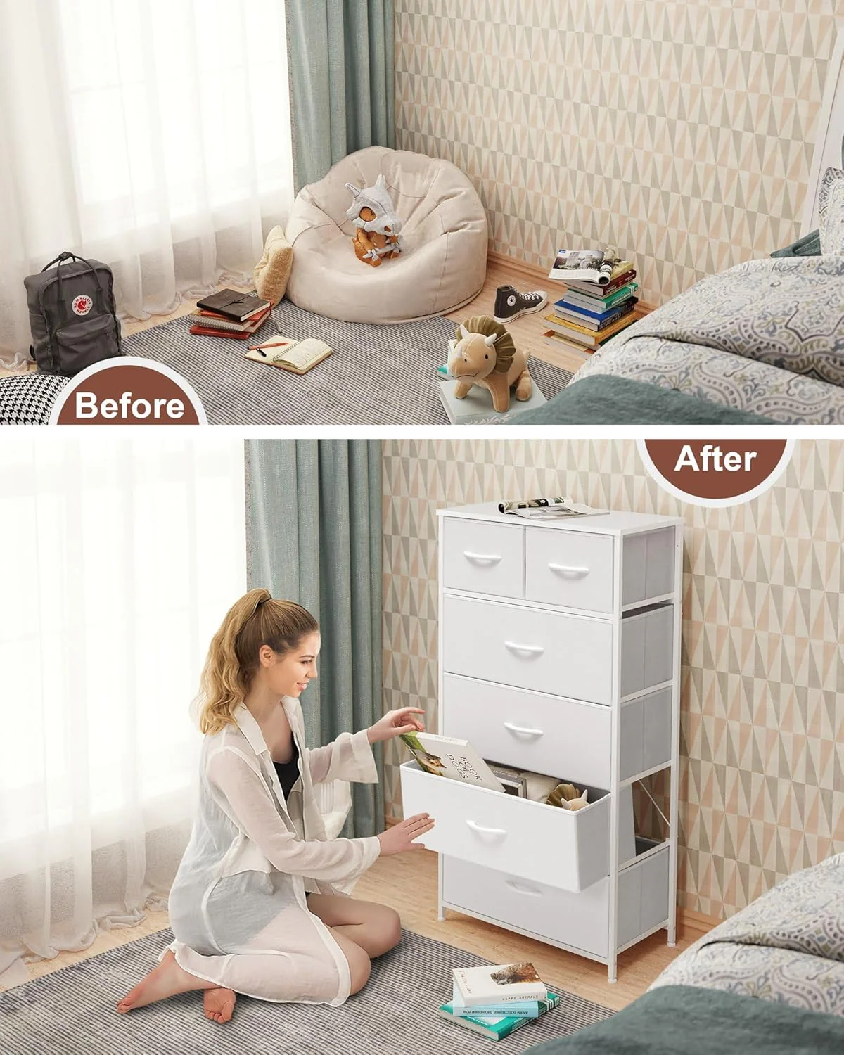 Crestlive Products Tall Dresser for Bedroom Vertical Skinny Dresser - Sturdy Steel Frame, Wood Top, Easy Pull Fabric Bins- Organizer Unit for Bedroom, Entryway, Closets - 6 Drawers (White) - Image 9