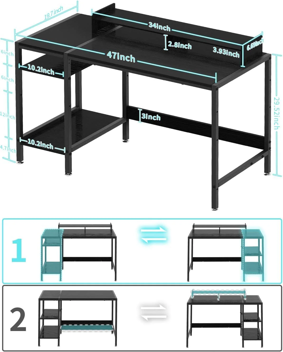 Computer Desk - 47” Gaming Desk, Home Office Desk with Storage, Small Table with Monitor Stand, Storage Space-Savor, Modern Table, Black - Image 3