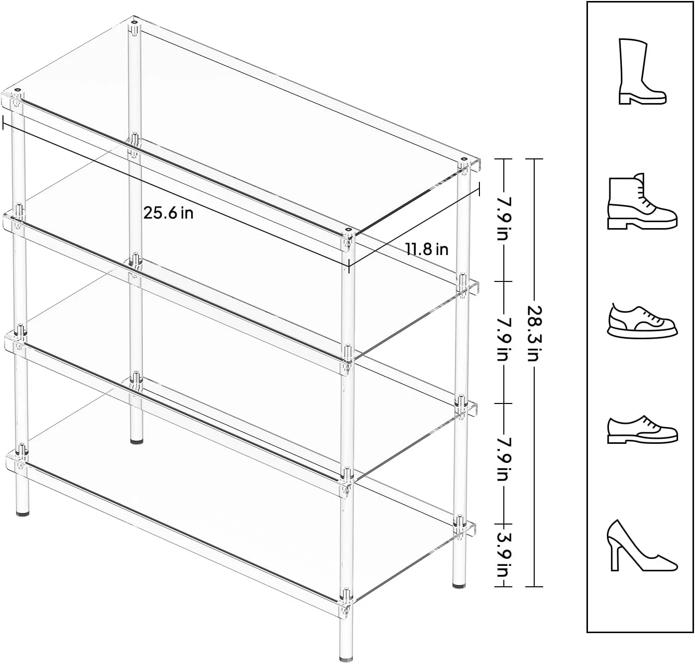 Aquiver 4-Tier Acrylic Shoe Rack - Shoe Rack Organizer - Modern Shoe Storage Shelf, Holds 12-16 Pairs of Shoes for Entryway, Closet - 25.6'' L x 11.8'' W x 28.3'' H, Clear, Easy Assembly & Clean - Retail $90 - Image 3