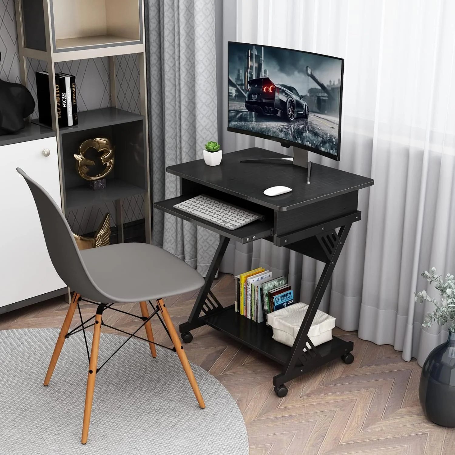 Zenira 24 Inch Small Computer Desk, 30 Inch Tall Computer Desk with Drawers, Corner Computer Desk with Wheels, Gaming Desk for Bedroom, Home, Office, Black - Image 2