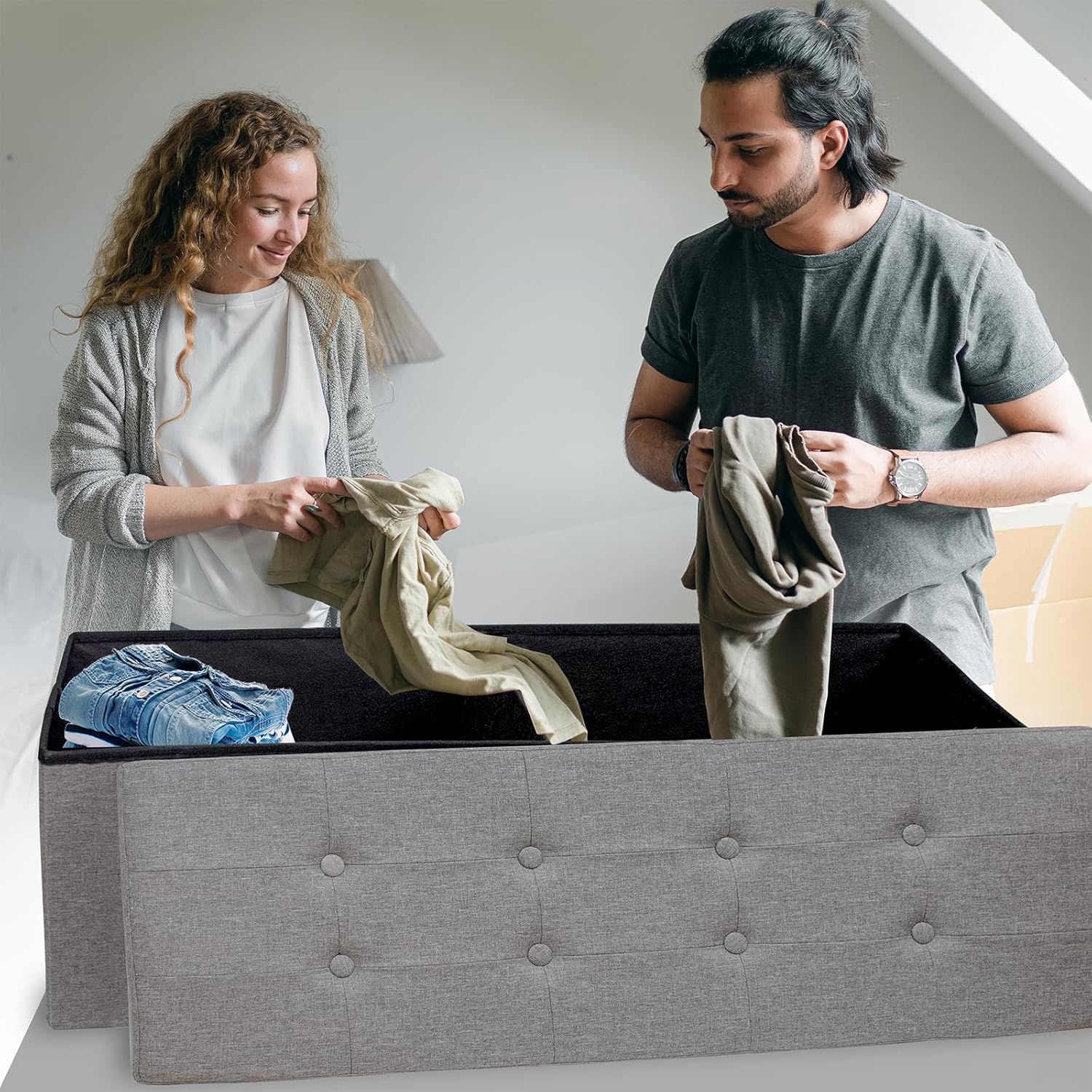 GLAXYFUR 43.3 inches Folding Storage Ottoman Bench Storage Chest Footrest for Bedroom, Entryway and Living Room, Holds up to 660 lb Dark Grey - Retail $45 - Image 2