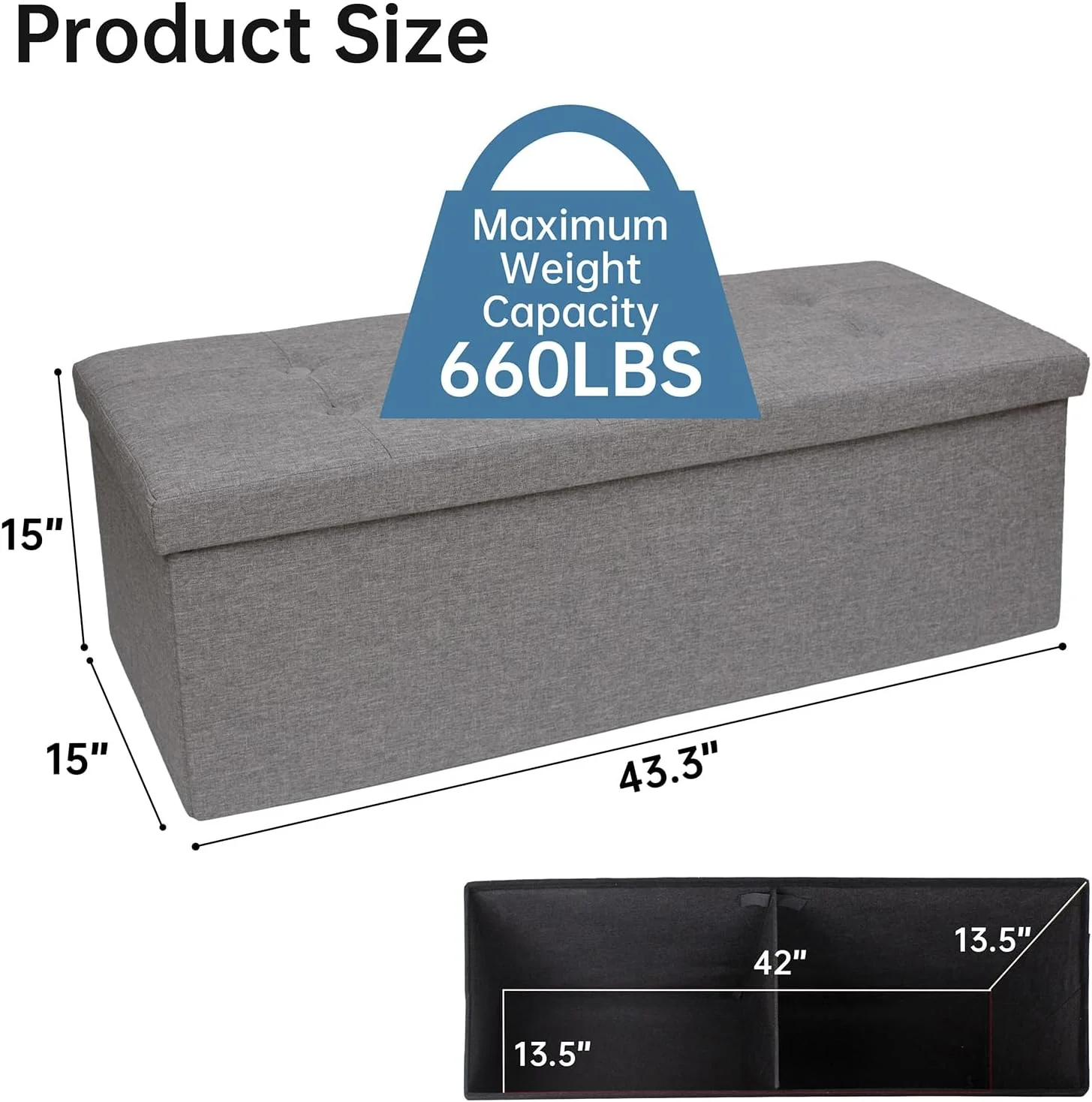 GLAXYFUR 43.3 inches Folding Storage Ottoman Bench Storage Chest Footrest for Bedroom, Entryway and Living Room, Holds up to 660 lb Dark Grey - Retail $45 - Image 3