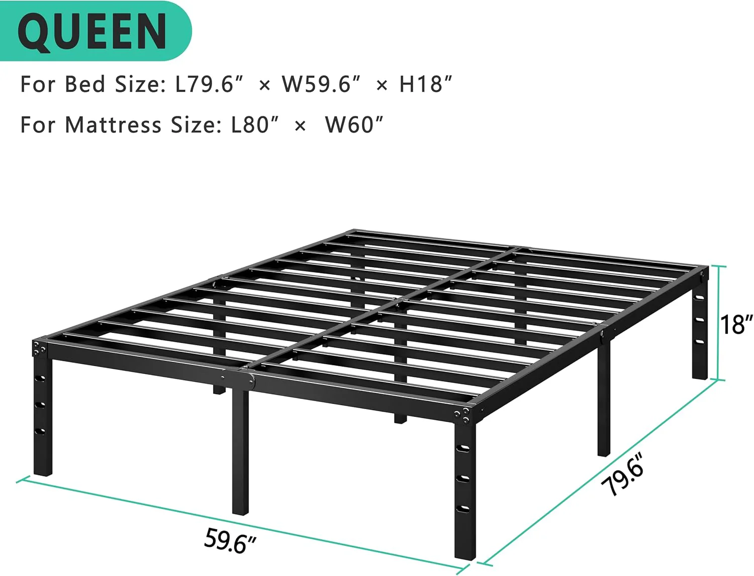 Metal Platform Bed Frame 14 Inch Tall,No Box Spring Needed,Queen Size Bed with Heavy Duty Strong Support Slats,Easy to Assemble,Black - Retail $50 - Image 2