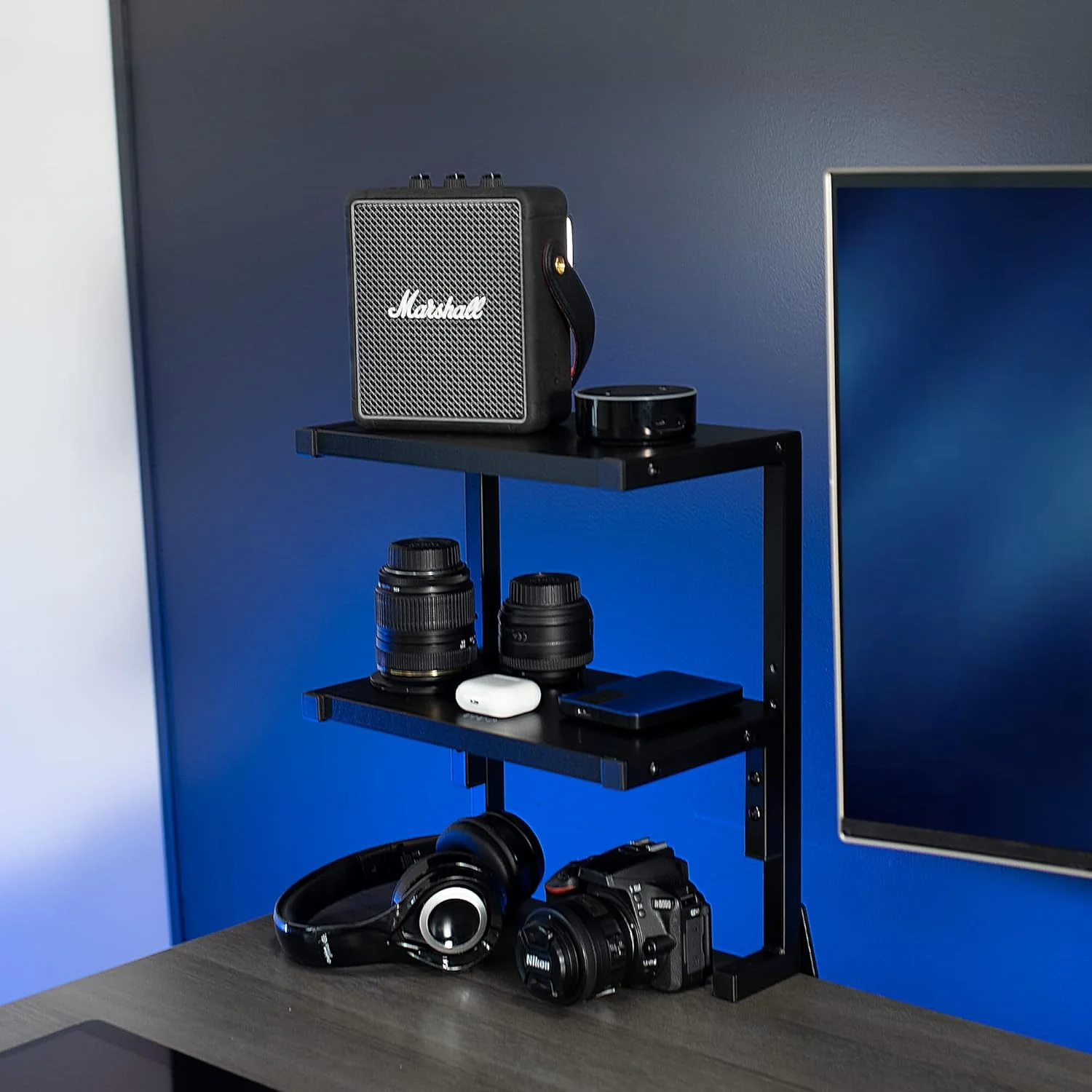VIVO Clamp-on 13 inch Above or Below Desk 2-Tier Shelving Unit for Table Accessories, Gaming Devices, and More, Storage Tray, Desktop Organizer, Black, STAND-SHELF2C - Retail $40 - Image 2