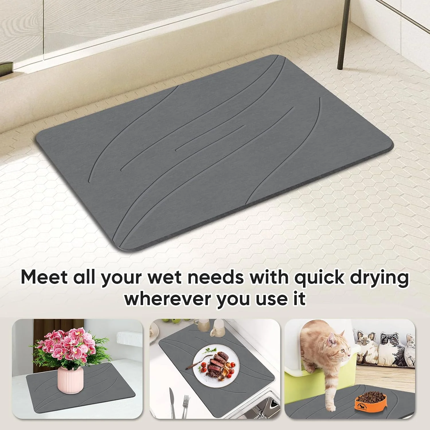 Stone Bath Mat Diatomaceous Earth Shower Mat Non-Slip Super Absorbent Bathroom Floor Mat Quick Drying Natural Easy to Clean(24 * 16 Grey) - Image 3
