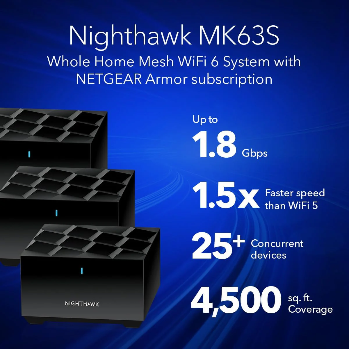 NEW - NETGEAR Nighthawk Advanced Whole Home Mesh WiFi 6 System (MK63S) AX1800 Router with 2 Satellite Extenders - Image 2