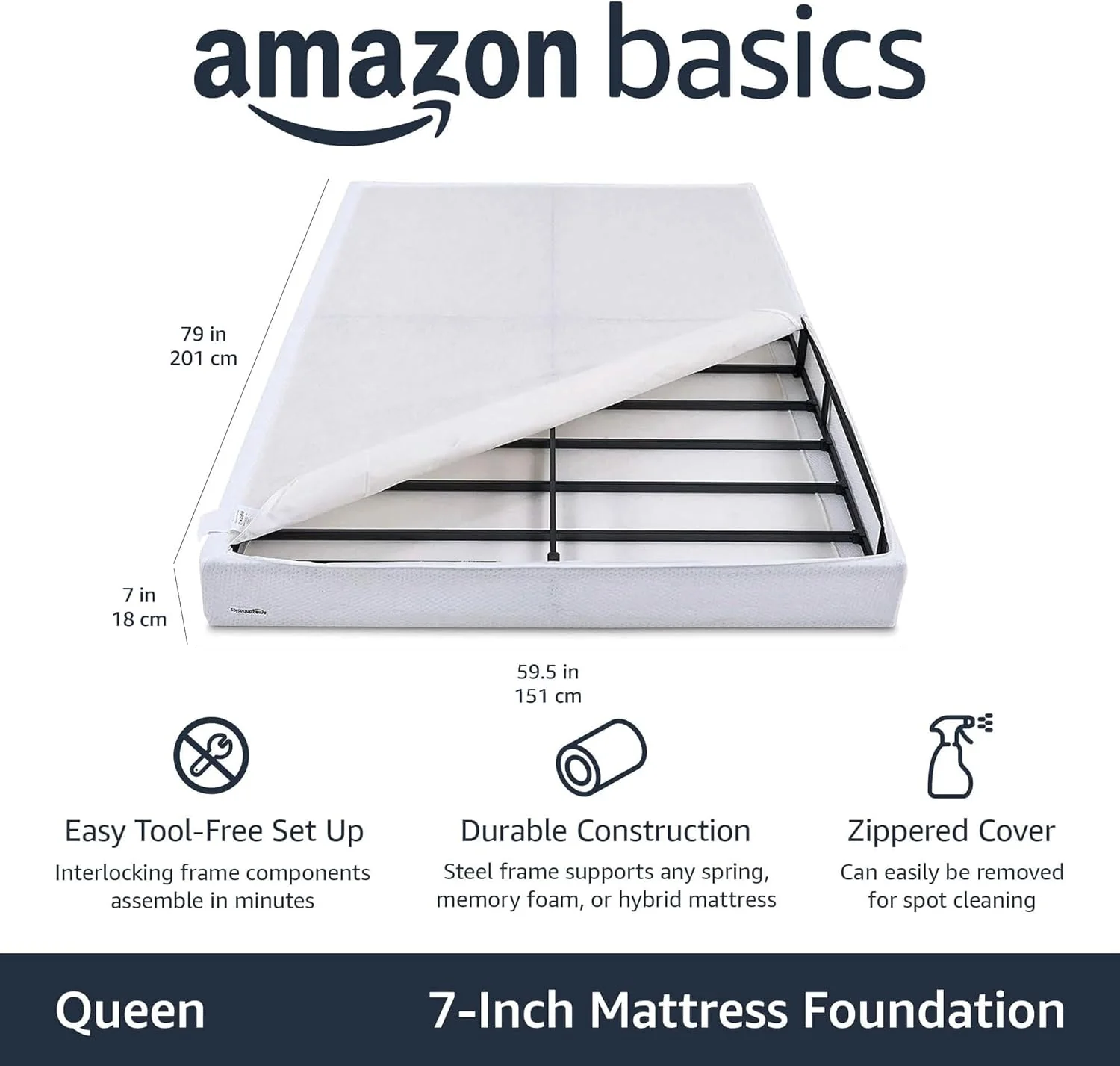 Amazon Basics Smart Box Spring Bed Base, 7-Inch Height Mattress Foundation, Tool-Free Easy Assembly, Queen, 79"L x 59.5"W x 7"H, White - Retail $120 - Image 2