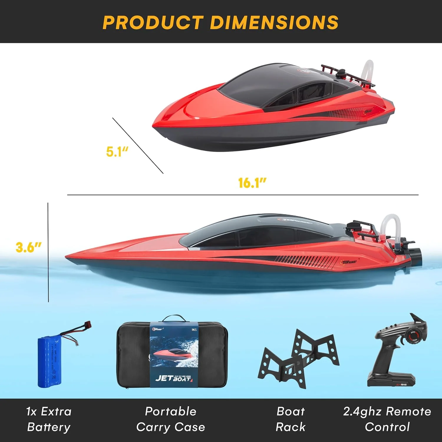 Top Race High-Speed Plastic RC Boat - Rechargeable Battery - 100 M Range - Jet Motor - Low Resistance Hull - Mini RC - Red - Image 2