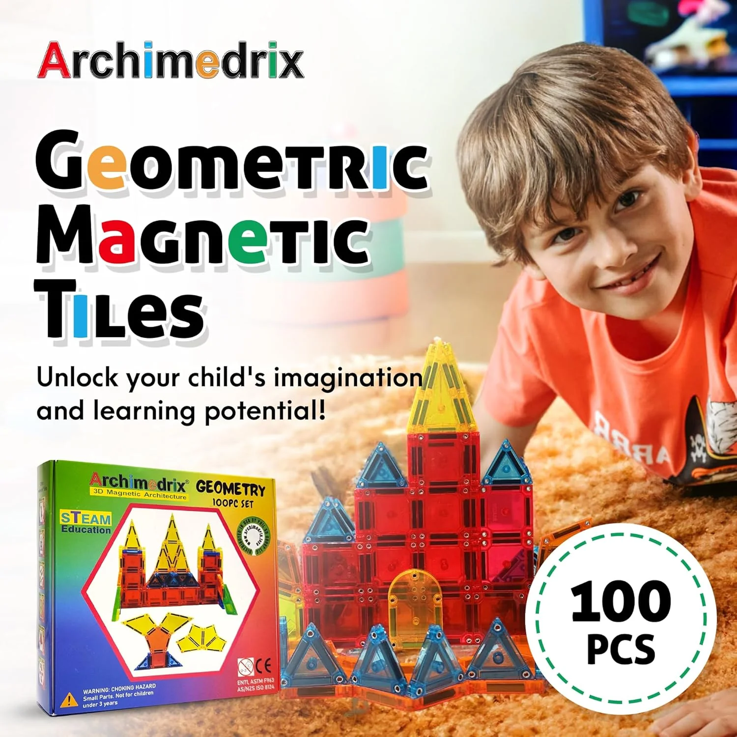 Geometry Magnetic Tiles Building Blocks, Lightweight Magnetic Shapes for Kids, Phthalate and Lead-Free Magnetic Building Tiles for Kids, Durable Magnetic Blocks, 100 Pieces - Image 2