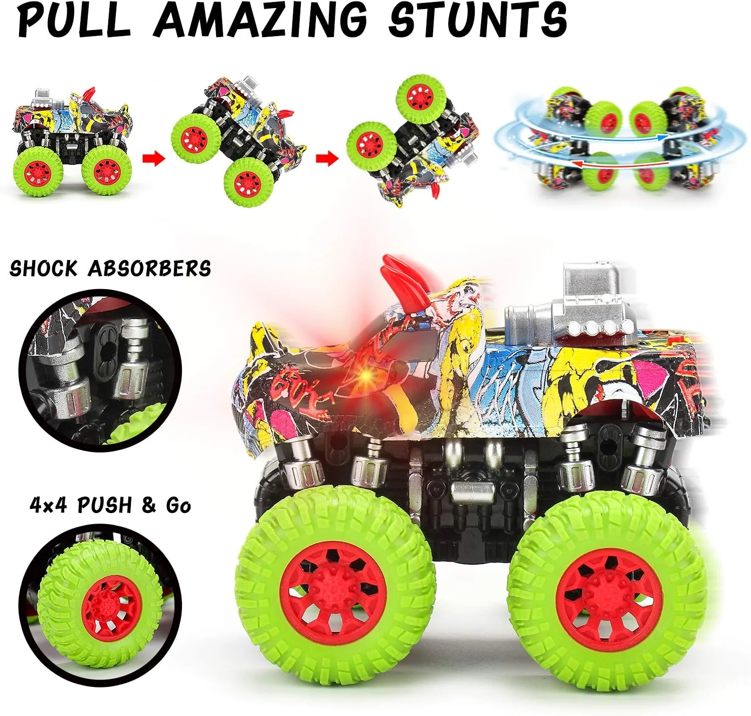 MÖBIUS Monster Truck Toy Set - 2 Dinosaur Trucks + 2 Realistic Toy Dinosaurs - Image 3