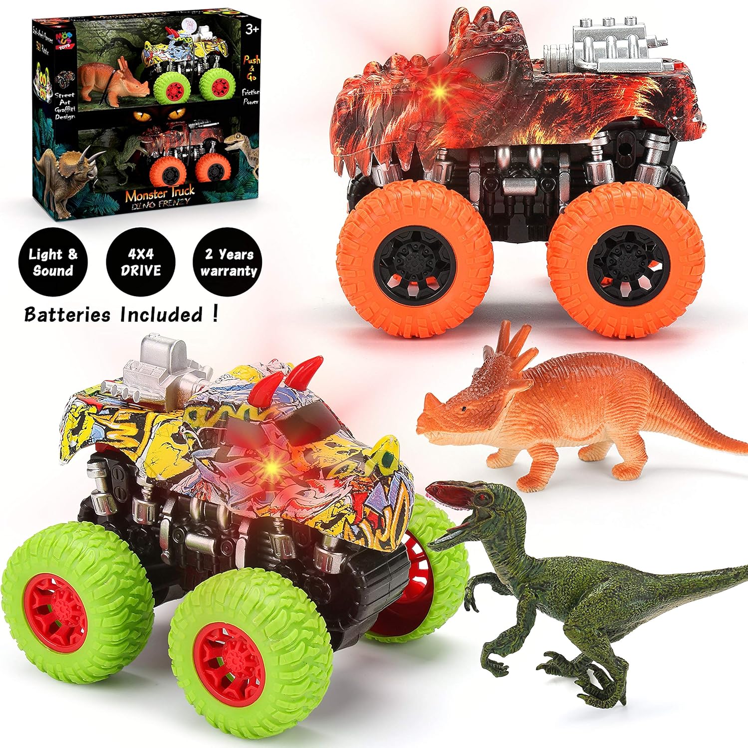 MÖBIUS Monster Truck Toy Set - 2 Dinosaur Trucks + 2 Realistic Toy Dinosaurs - Image 5