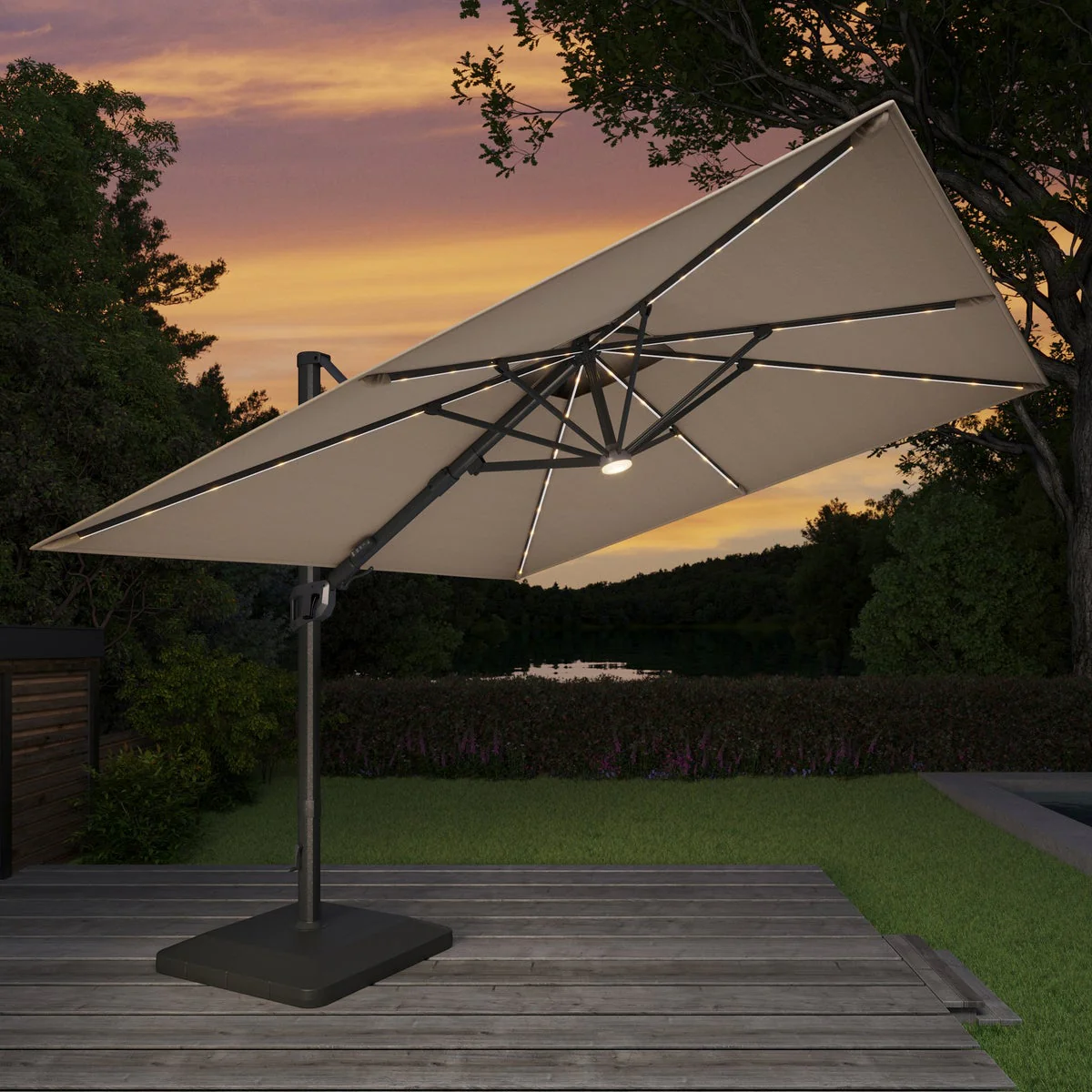 Seasons Sentry Tan 10' Square 2-Tier Solar LED Aluminum Cantilever Umbrella With Base - Image 2