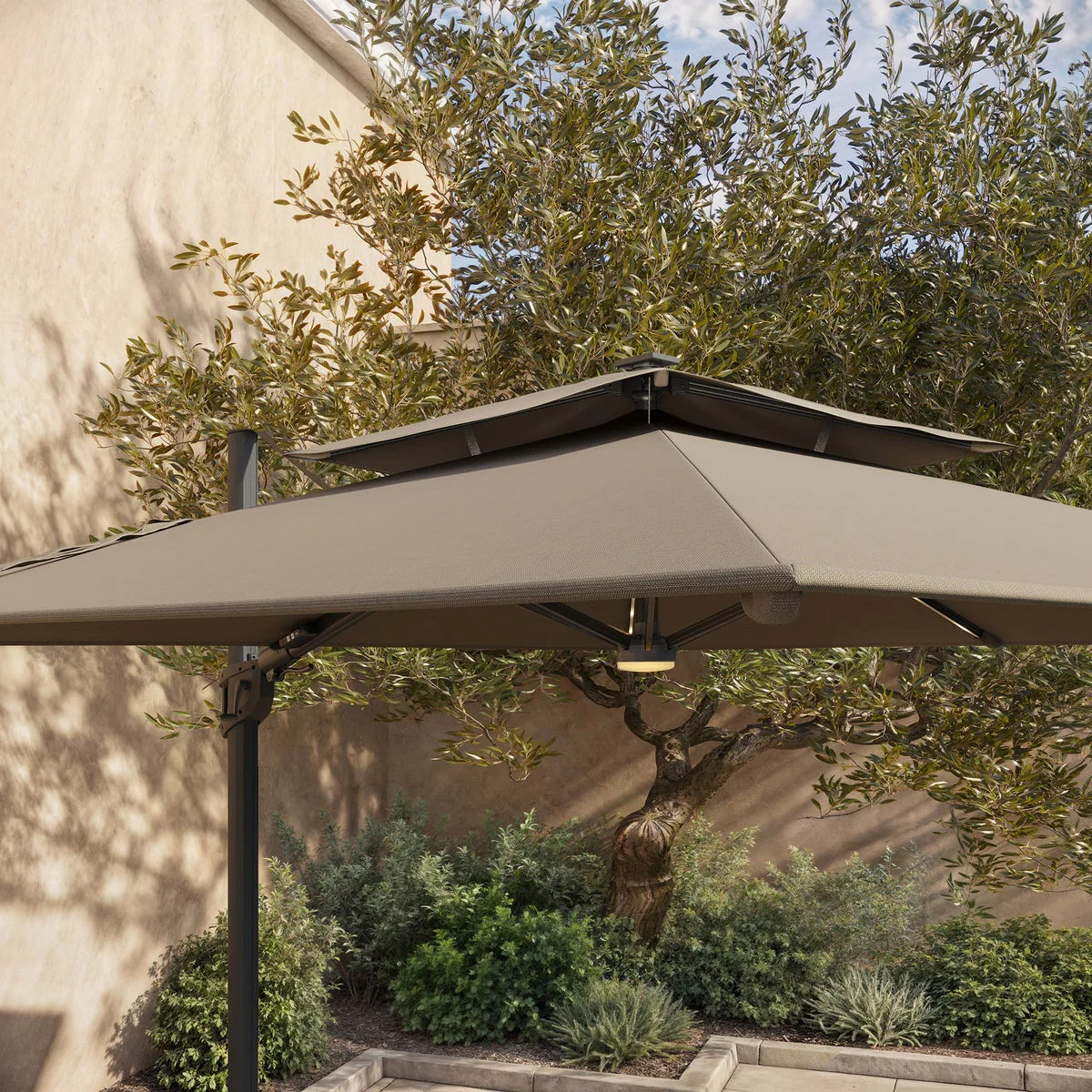 Seasons Sentry Tan 10' Square 2-Tier Solar LED Aluminum Cantilever Umbrella With Base - Image 3