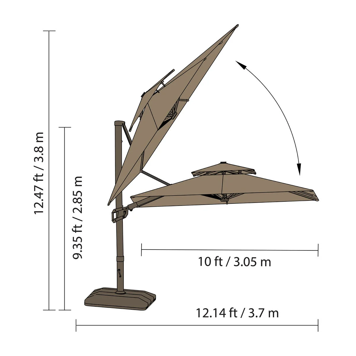 Seasons Sentry Tan 10' Square 2-Tier Solar LED Aluminum Cantilever Umbrella With Base - Image 8