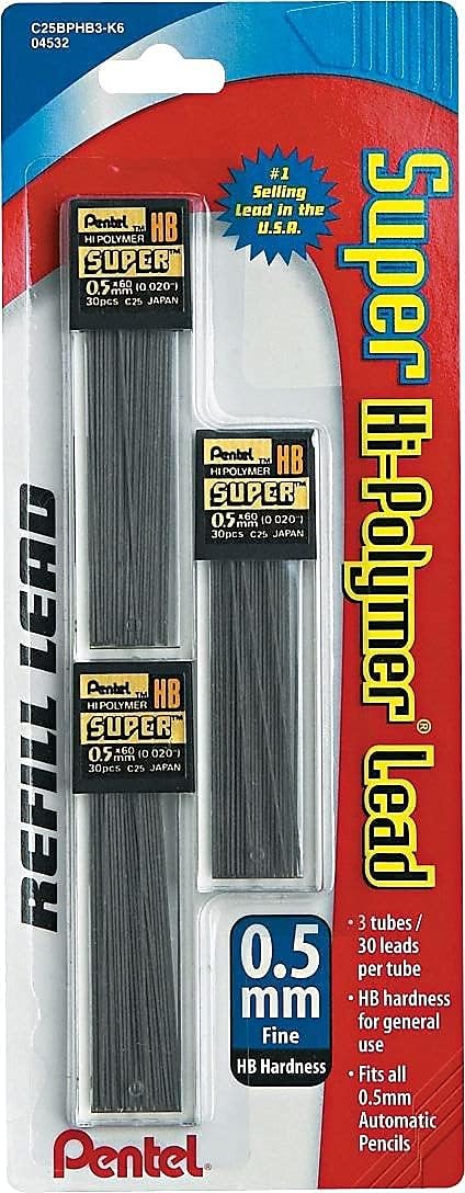 Pentel C25BPHB3K6 Super Hi-Polymer Lead Refills, 0.5mm, HB, Black, 30/Tube, 3 Tubes/Pack - Image 3