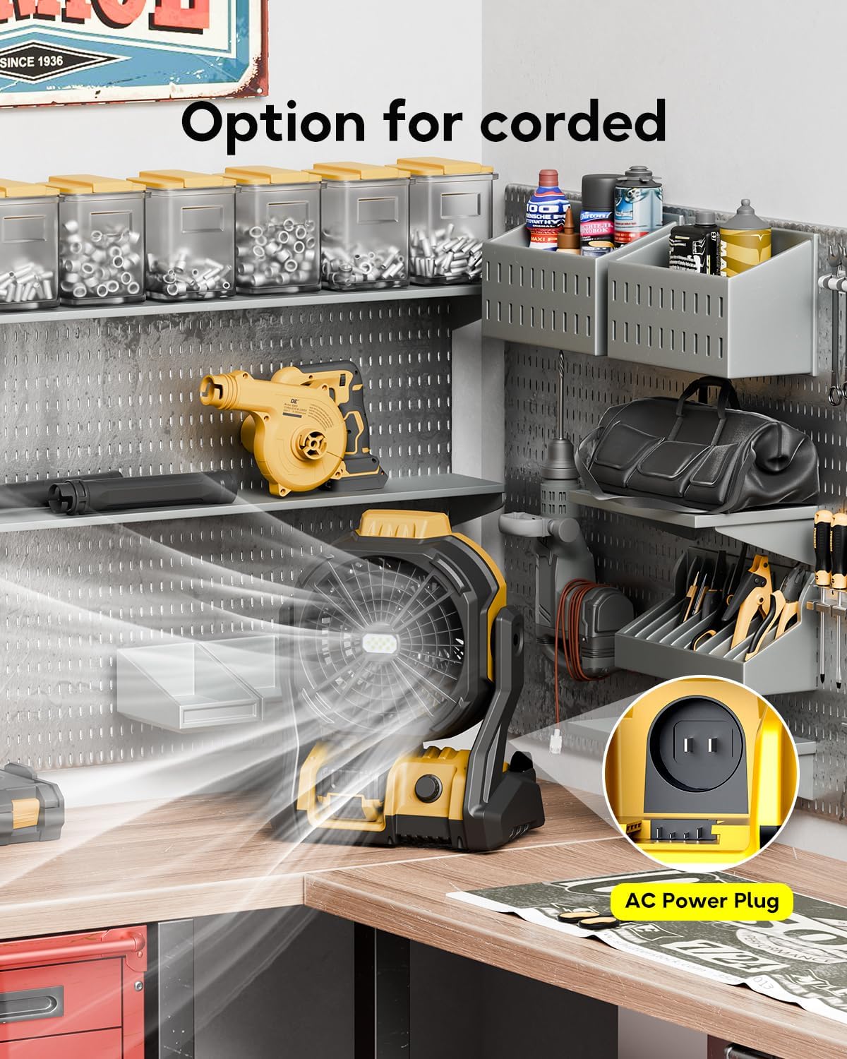 Battery Operated Fan, for DeWalt 20V Max Battery, Camping Fan Cordless, Option for Corded, with LED Lights, Variable Speed, Hook for Hanging, for Jobsite, Black(Battery Not Included) - Image 3