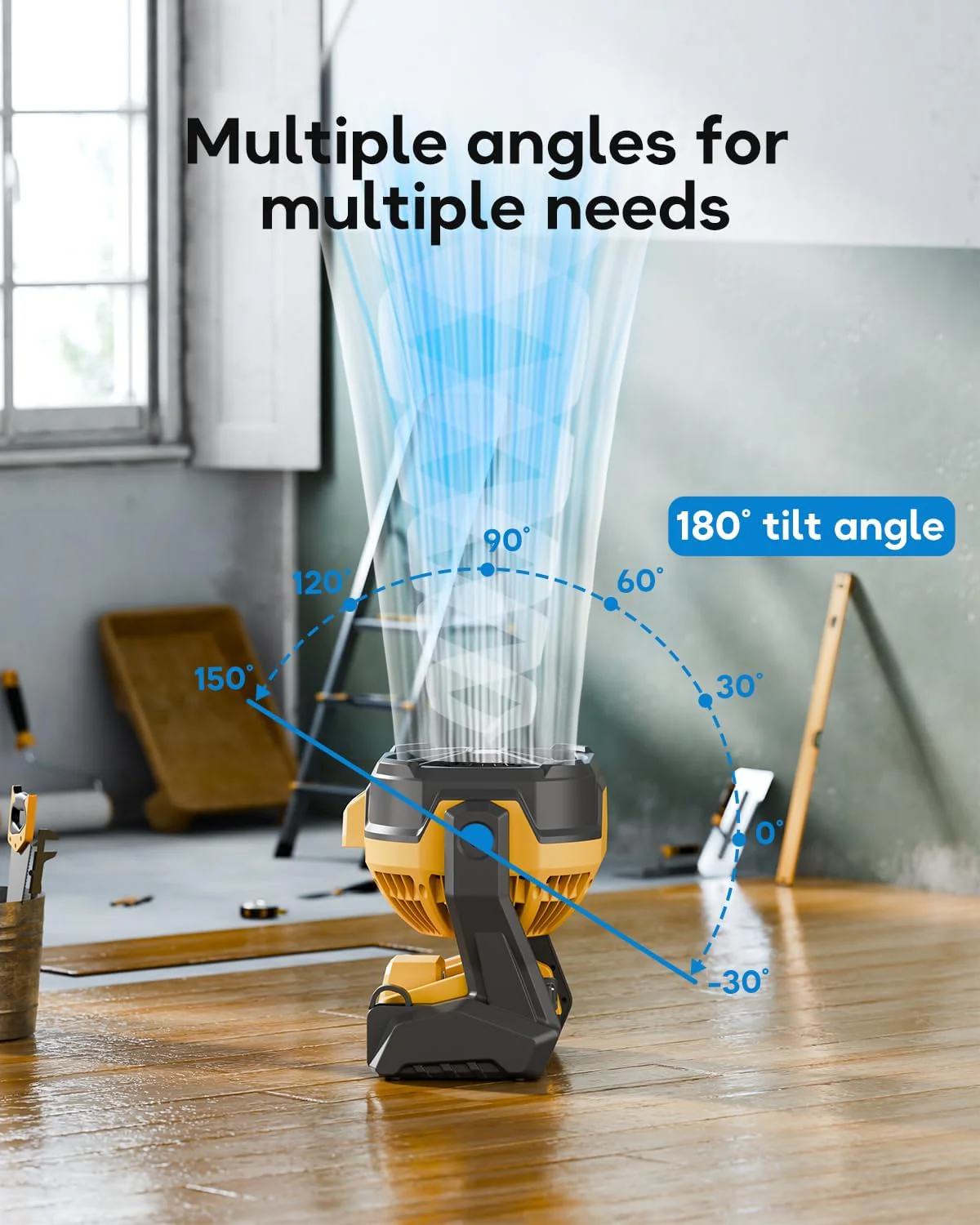 Battery Operated Fan, for DeWalt 20V Max Battery, Camping Fan Cordless, Option for Corded, with LED Lights, Variable Speed, Hook for Hanging, for Jobsite, Black(Battery Not Included) - Image 4