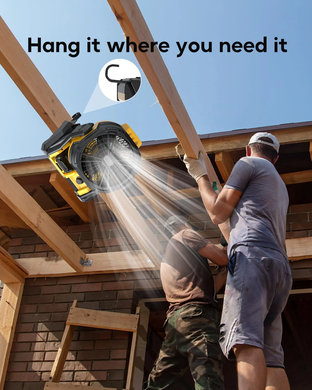 Battery Operated Fan, for DeWalt 20V Max Battery, Camping Fan Cordless, Option for Corded, with LED Lights, Variable Speed, Hook for Hanging, for Jobsite, Black(Battery Not Included) - Image 7