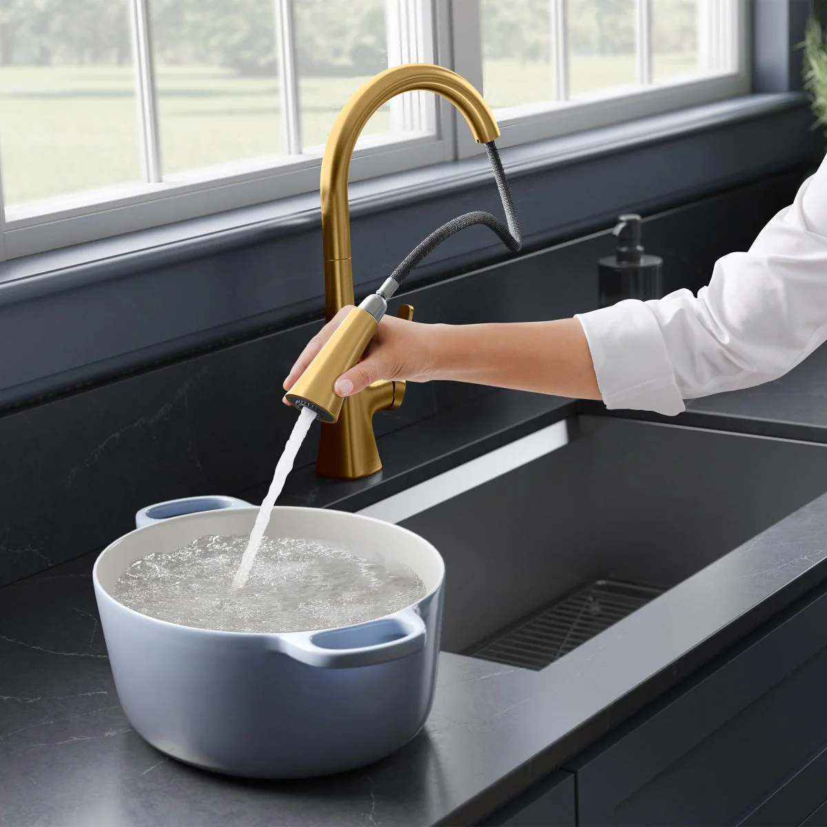 NEW - Kohler Guild Gold Pull-down Kitchen Sink Faucet with Three-function Sprayhead - Image 5
