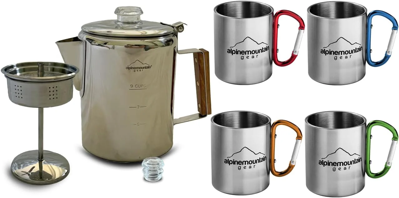 9-Cup Coffee Percolator Set with 4 Mugs – Stainless Steel Camping Coffee Pot - Image 3