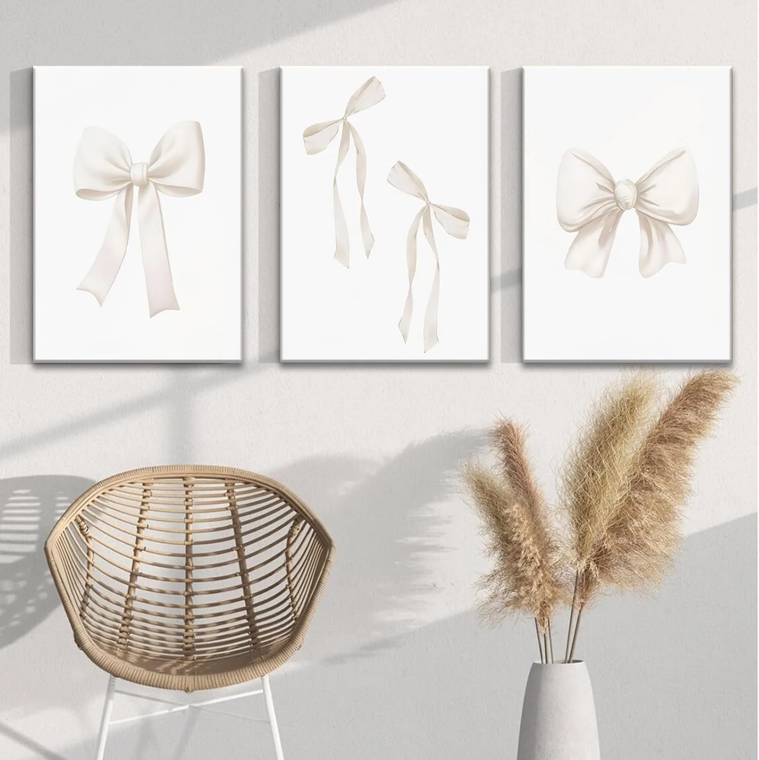 Djmwtb Preppy Bow Canvas Wall Art Beige Coquette Poster Prints Set of 3 Girly Apartment Aesthetic Pictures College Dorm Painting Decor for Girls Bedroom 16x24in Framed - Image 2
