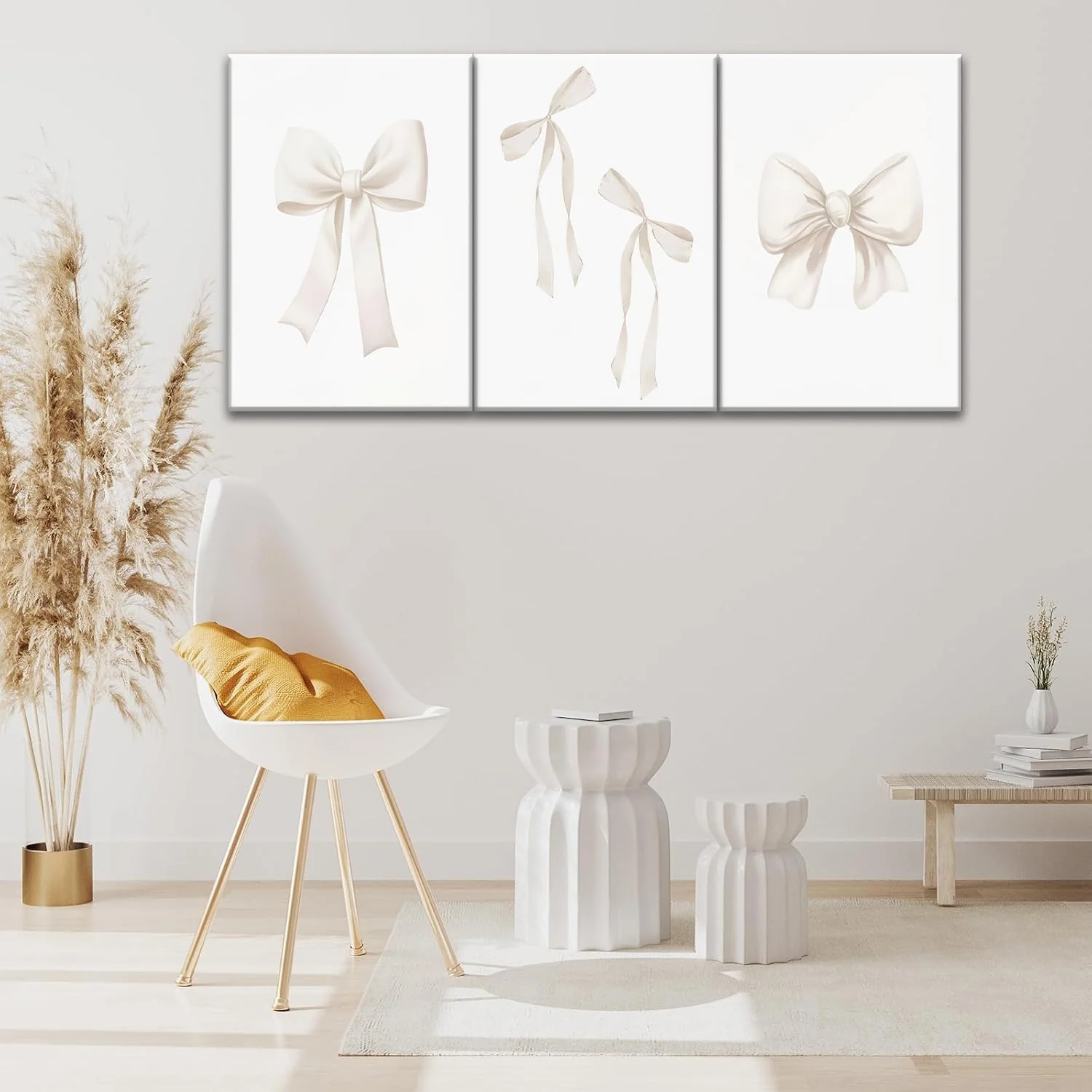 Djmwtb Preppy Bow Canvas Wall Art Beige Coquette Poster Prints Set of 3 Girly Apartment Aesthetic Pictures College Dorm Painting Decor for Girls Bedroom 16x24in Framed - Image 4
