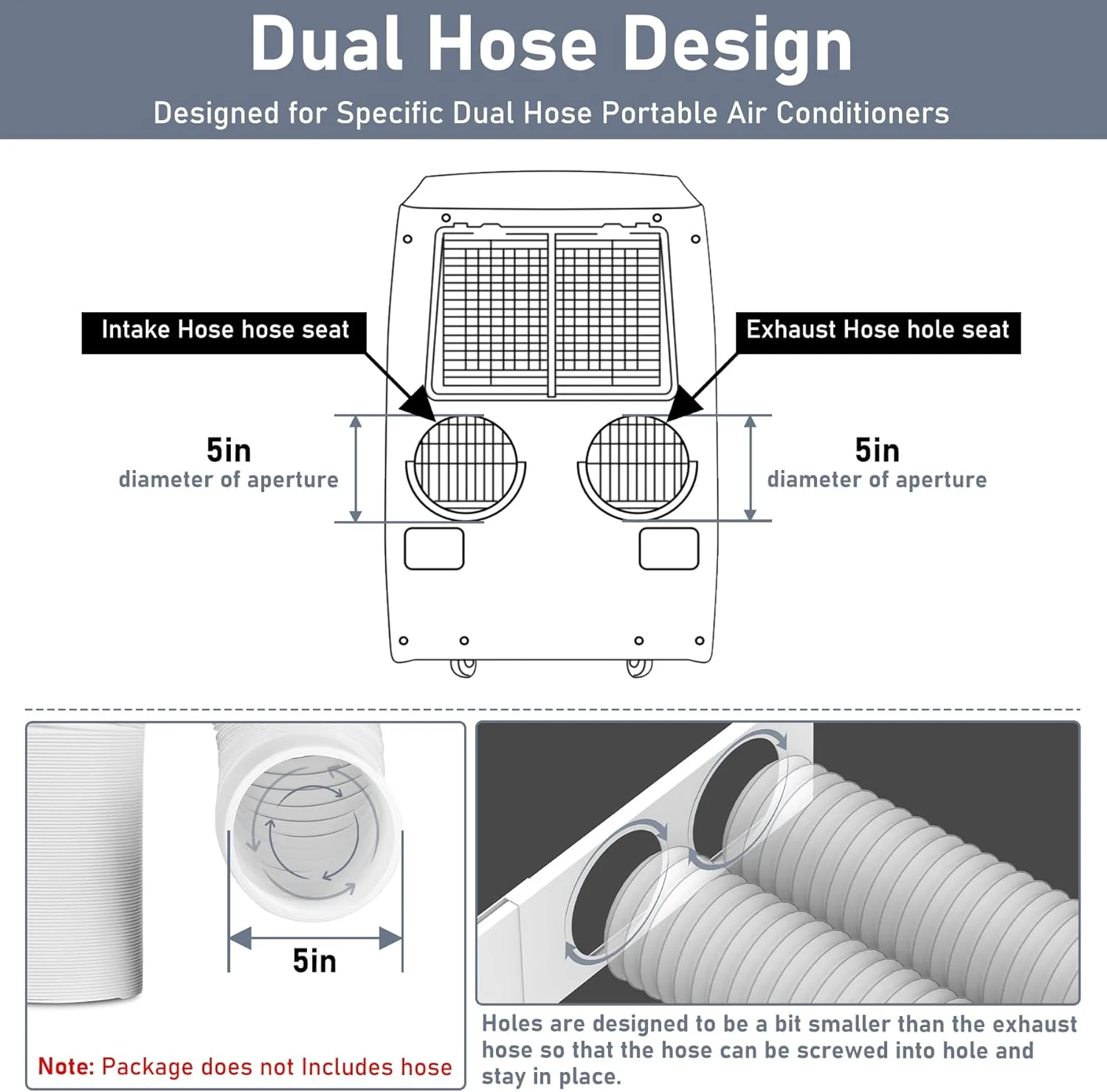 Flamorrow Dual Hose Portable Air Conditioner Window Kit, Adjustable Window Seal Plates for 5" Diameter Exhaust Hose, Sliding AC Window Vent Kit with Foam Seal Strip, White - Image 3