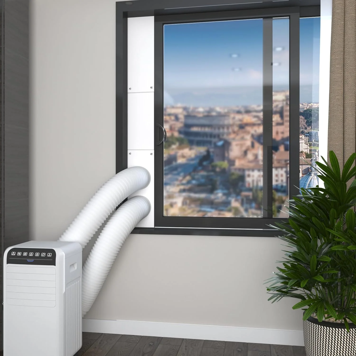 Flamorrow Dual Hose Portable Air Conditioner Window Kit, Adjustable Window Seal Plates for 5" Diameter Exhaust Hose, Sliding AC Window Vent Kit with Foam Seal Strip, White - Image 8