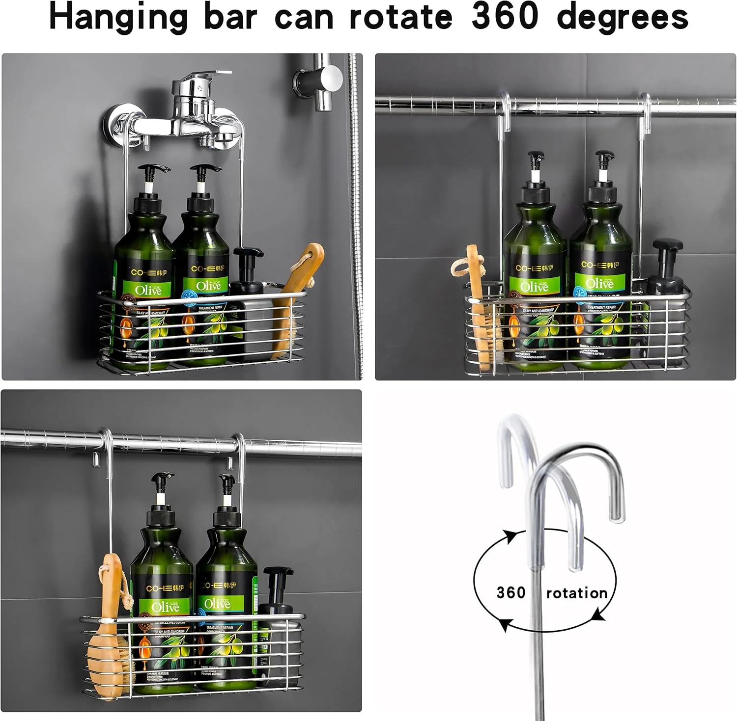 YQh hanging shower rack, bathroom storage rack, shampoo bracket, the back hook can be rotated, and can be hung on the faucet or Claw foot bathtubcross bar, 304 stainless steel rust proof and durable - Image 4