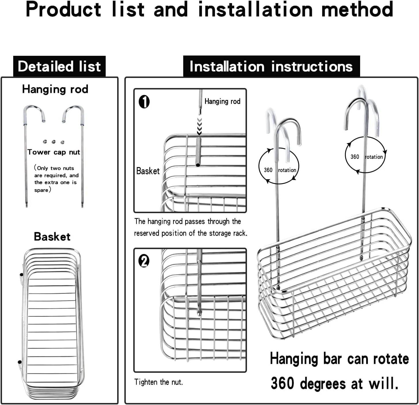 YQh hanging shower rack, bathroom storage rack, shampoo bracket, the back hook can be rotated, and can be hung on the faucet or Claw foot bathtubcross bar, 304 stainless steel rust proof and durable - Image 7