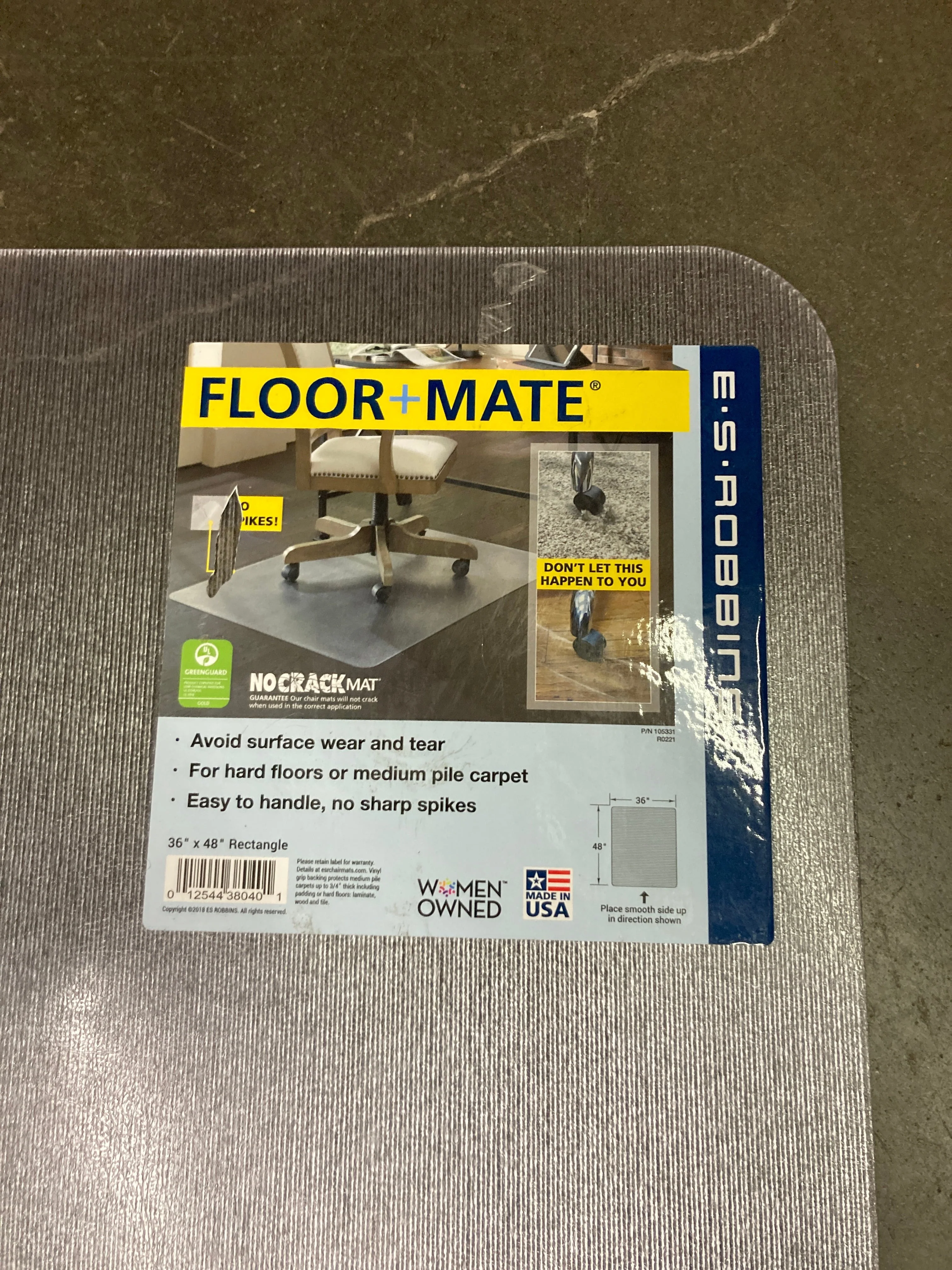 ES Robbins Floor+Mate Chair Mat, Hard Floor and Medium Pile Carpet, No Lip, 36" x 48", Clear - Retail $34 - Image 2