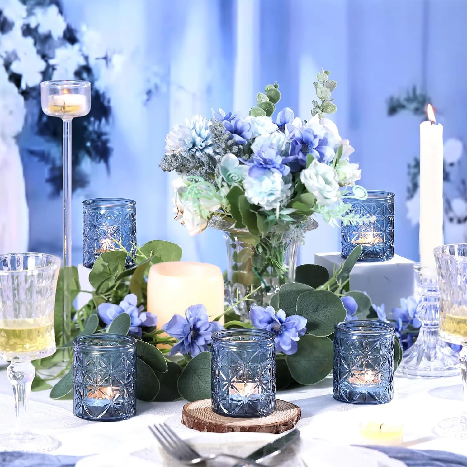 12 Pack Blue Votive Candle Holders,Vintage Blue Candle Holders - Image 4