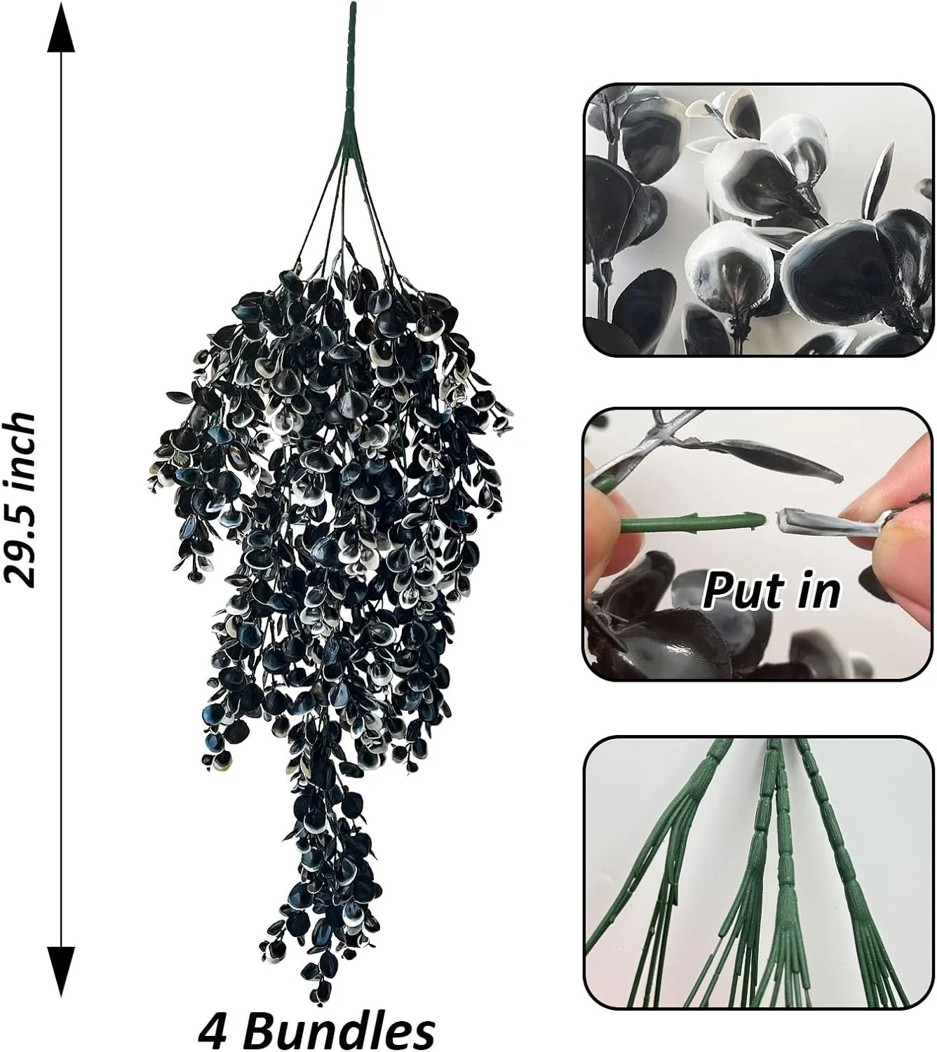 Vine Plant Fake 4 Pcs Ferns Artificial Plants Large Faux Hanging Plant Artificial Hanging Plants Wall Plants Fake Ivy Room Decor Home Garden Wedding Party Indoor Outdoor Decorations(Black White) - Image 2